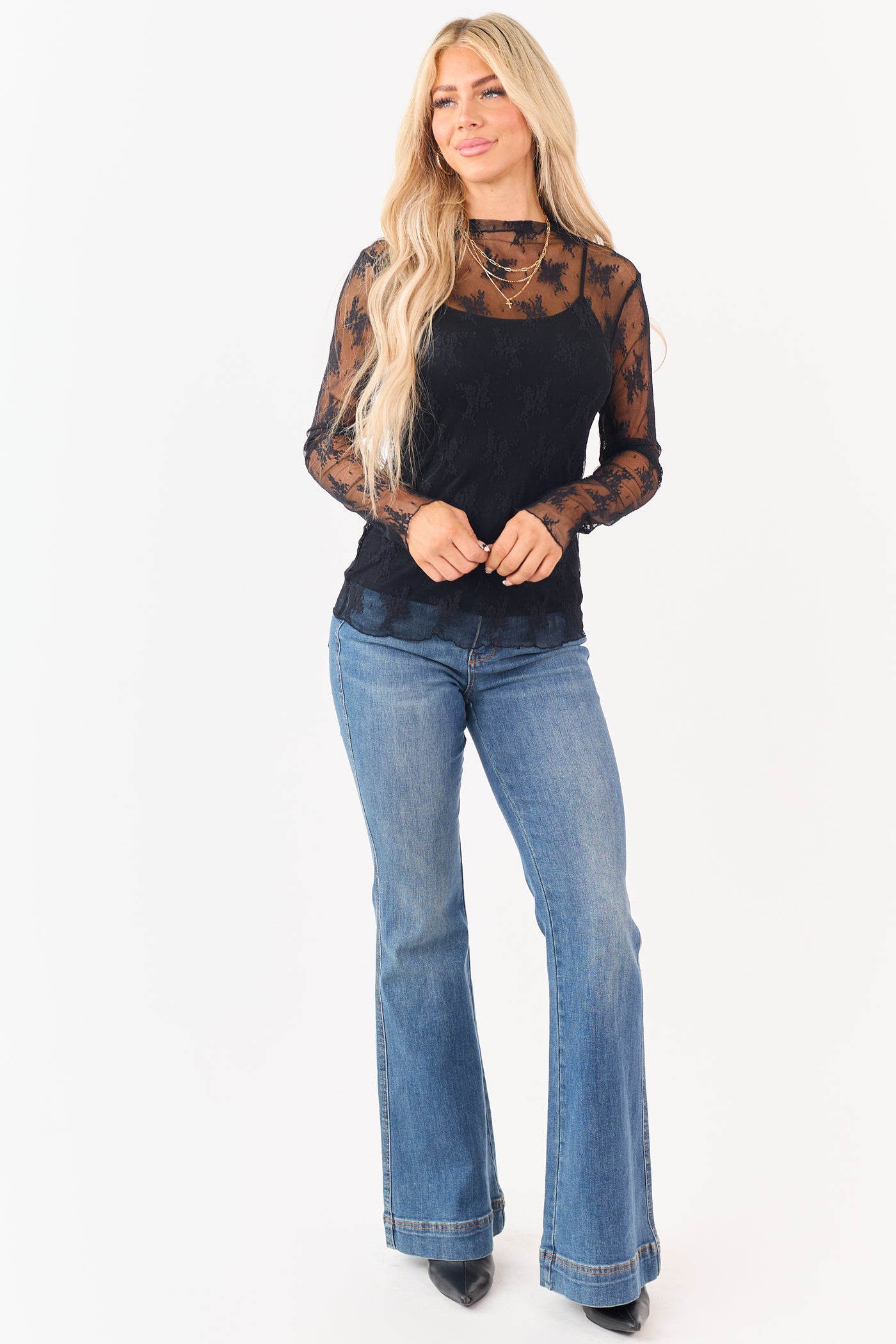 Black Floral Mesh Lace Mock Neck Long Sleeve Top