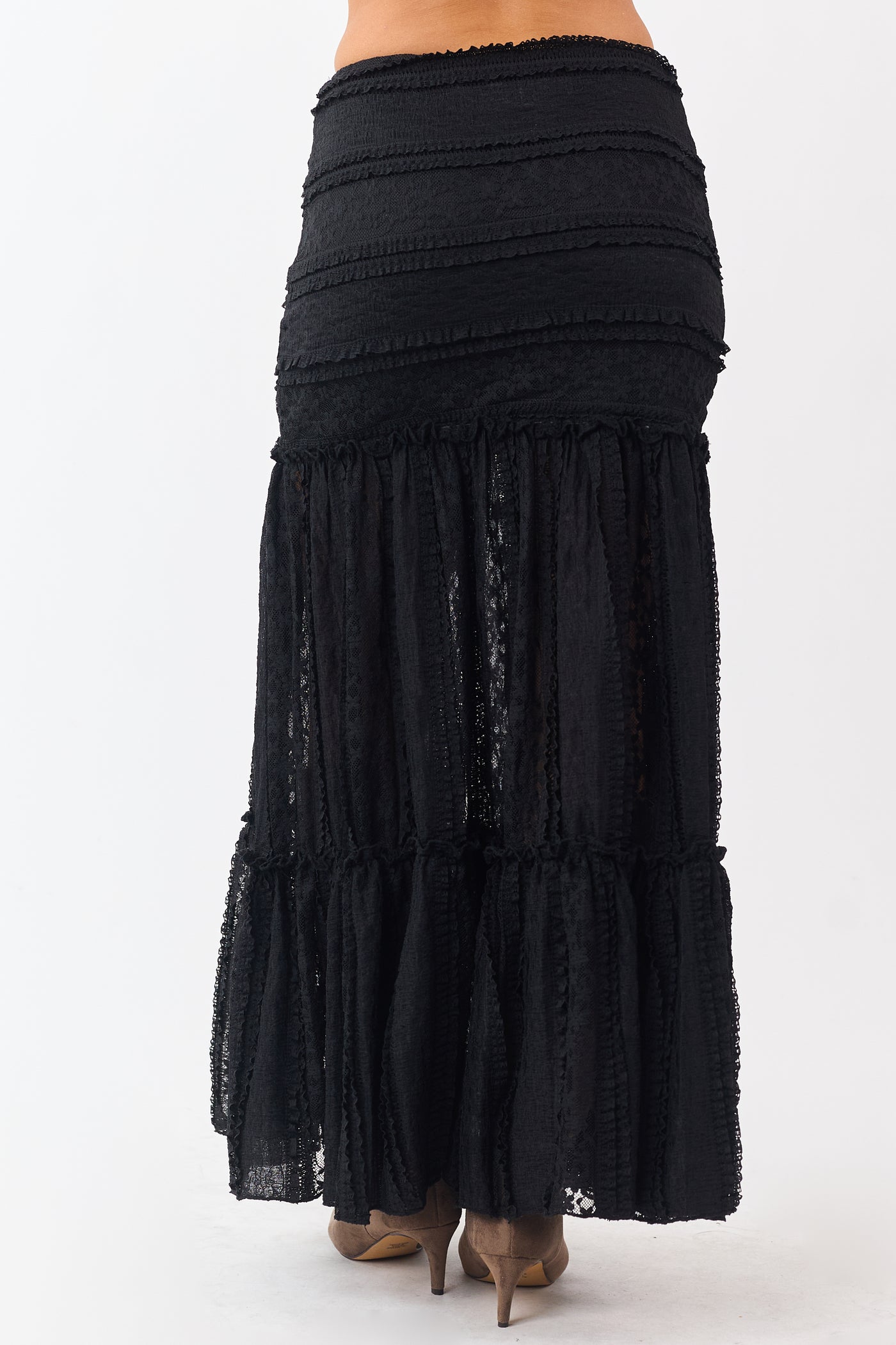 Black Floral Mesh Lace Tiered Maxi Skirt