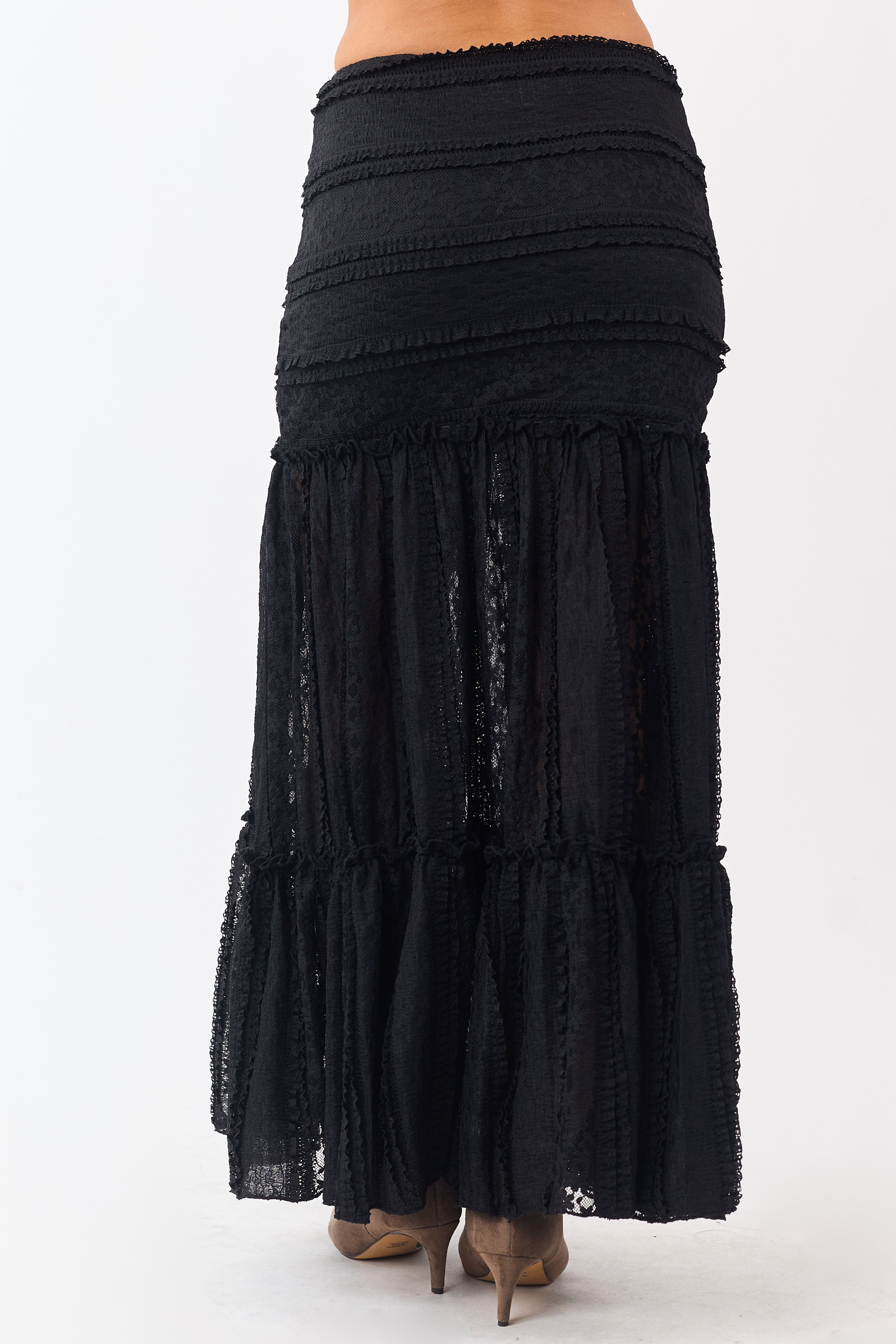 Black Floral Mesh Lace Tiered Maxi Skirt