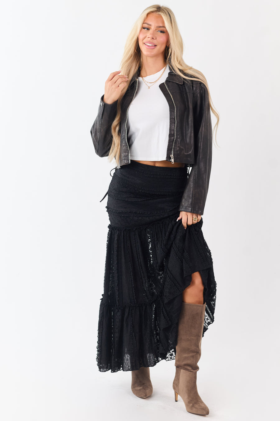 Black Floral Mesh Lace Tiered Maxi Skirt