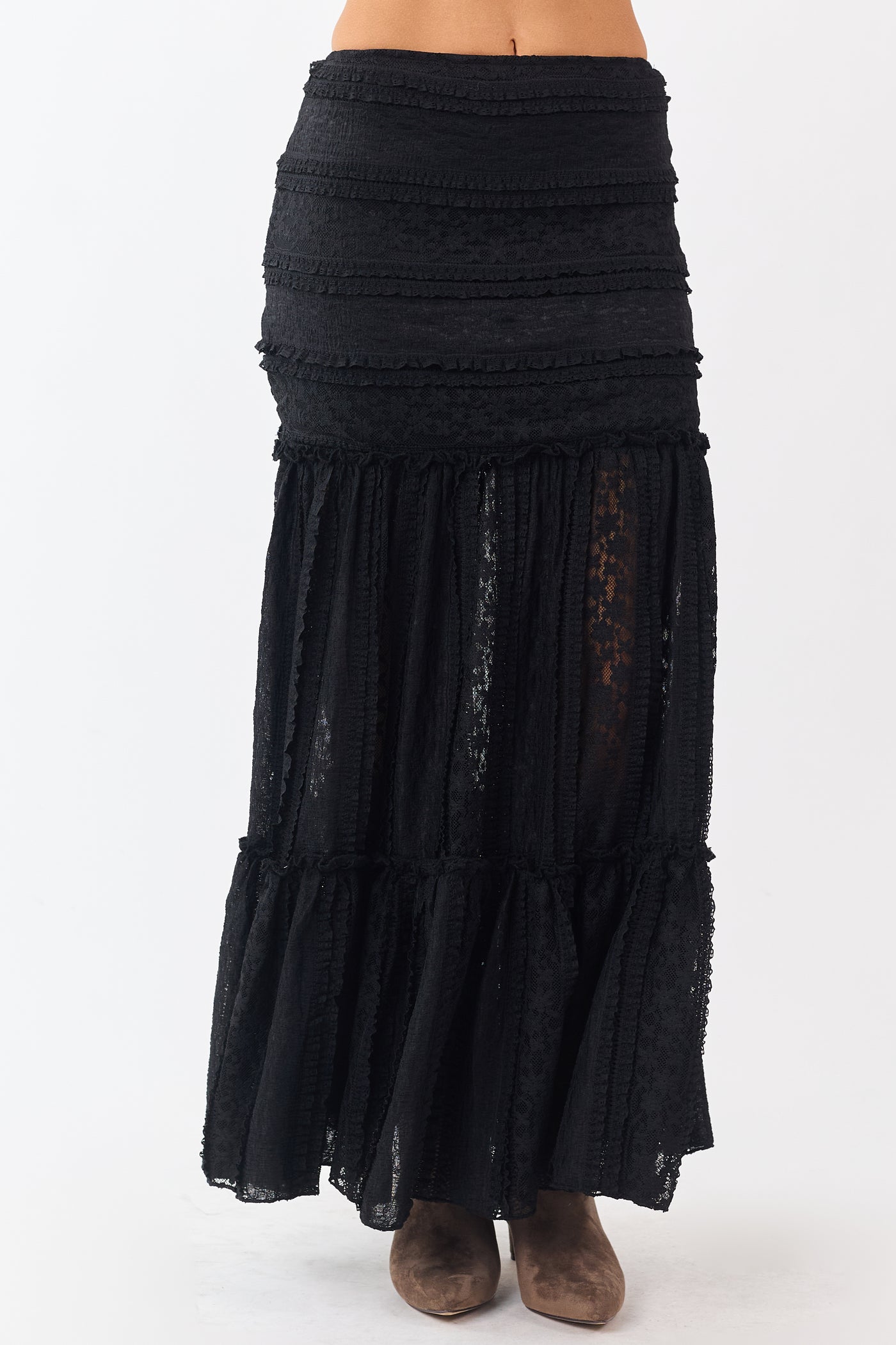 Black Floral Mesh Lace Tiered Maxi Skirt