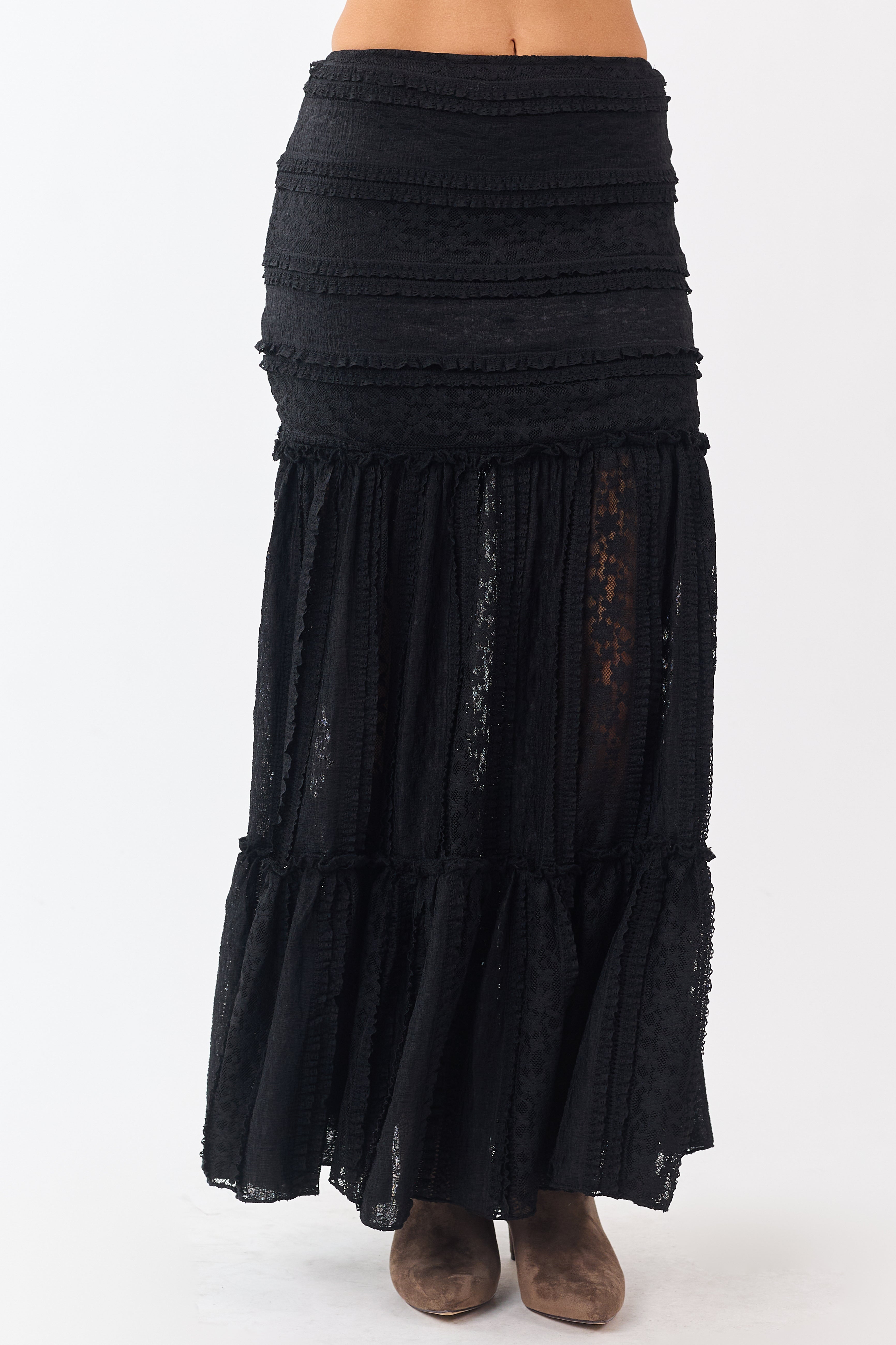 Black Floral Mesh Lace Tiered Maxi Skirt