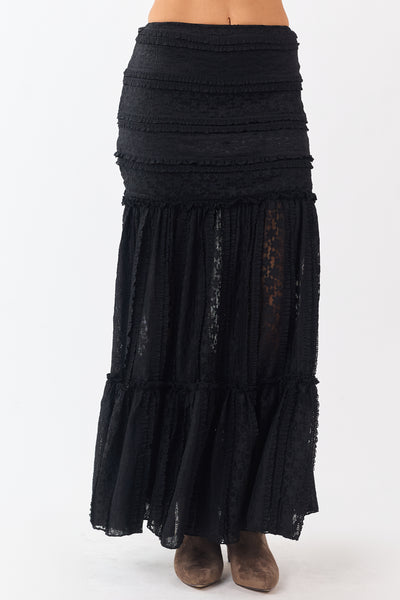 Black Floral Mesh Lace Tiered Maxi Skirt