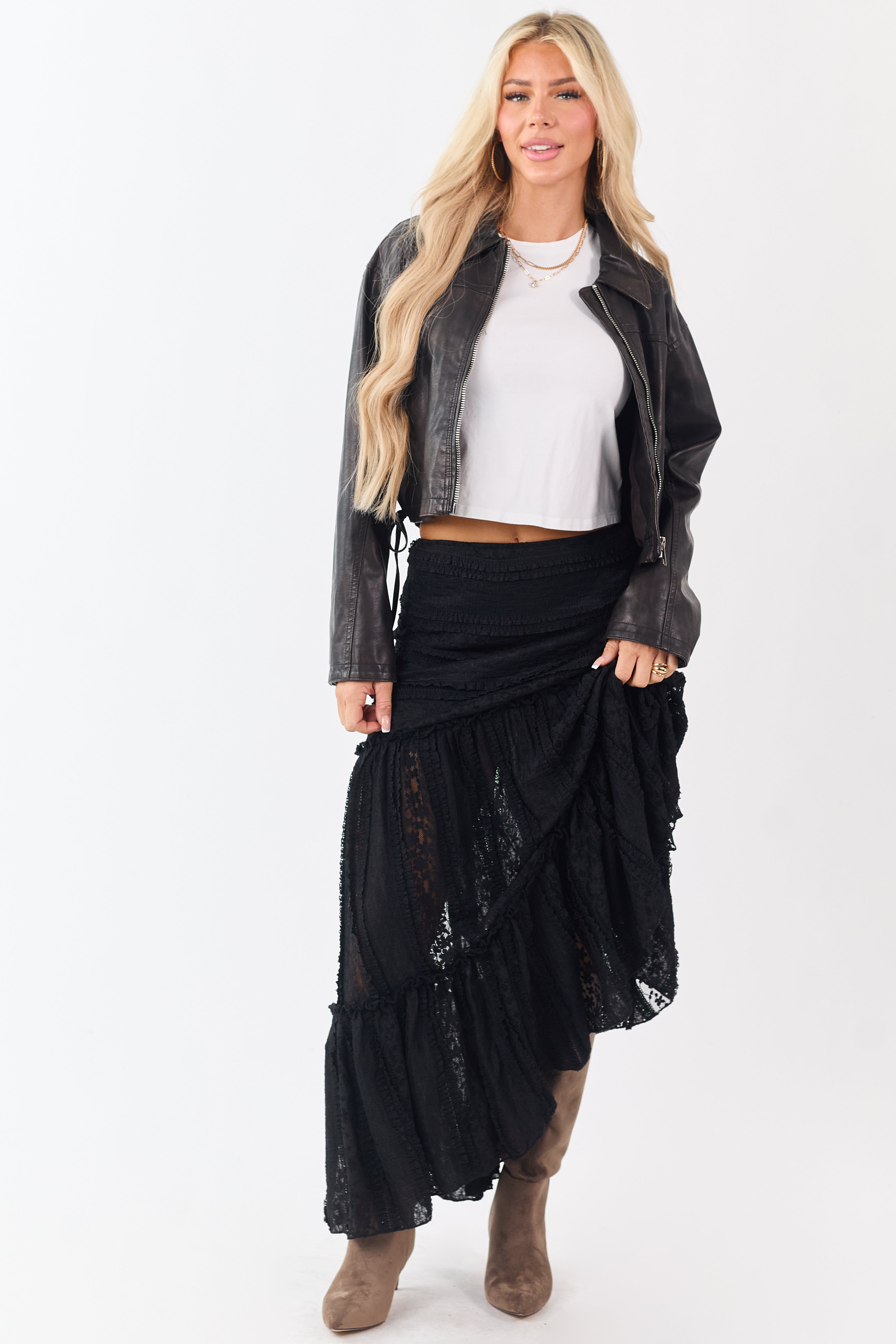 Black Floral Mesh Lace Tiered Maxi Skirt