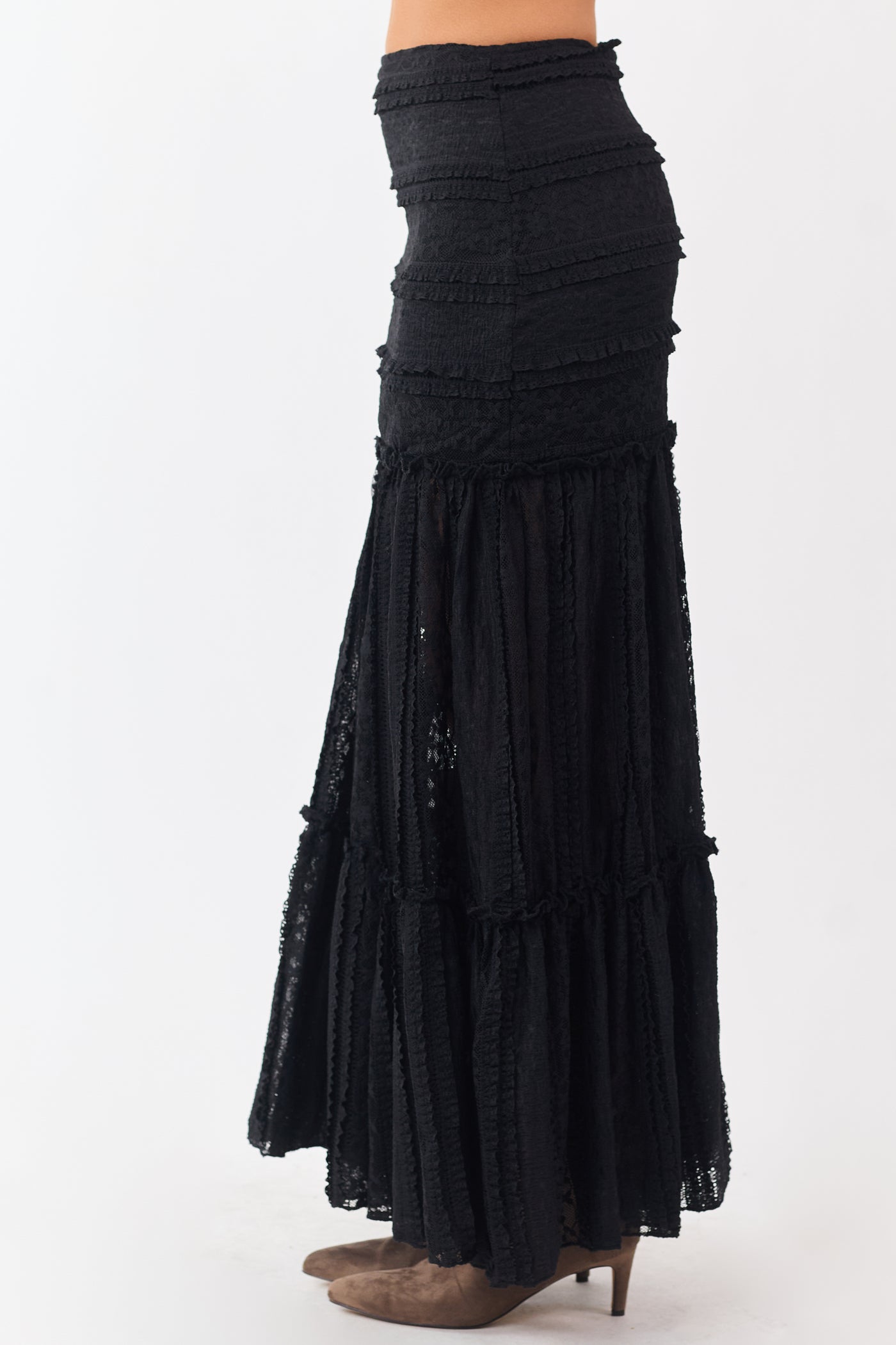 Black Floral Mesh Lace Tiered Maxi Skirt