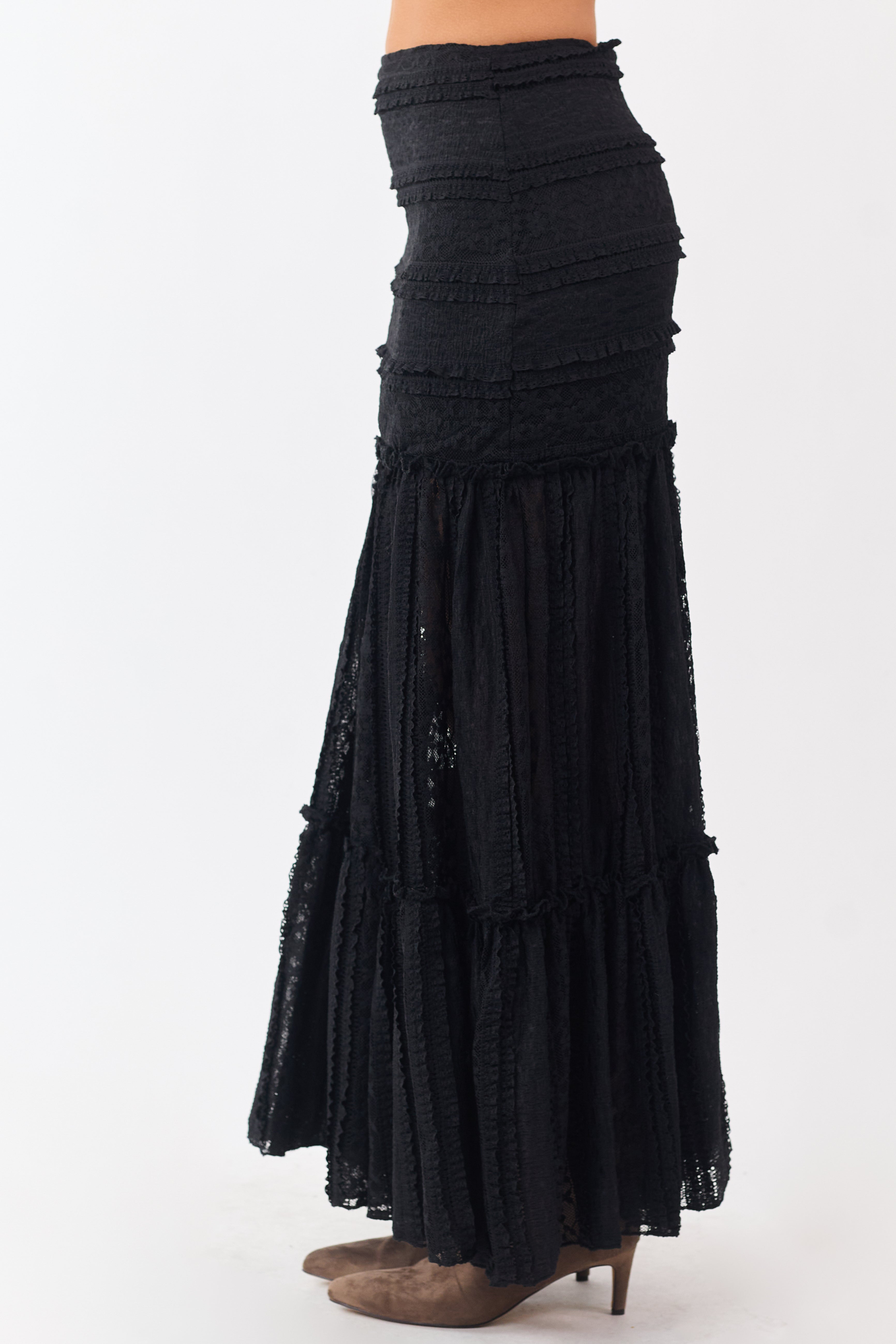 Black Floral Mesh Lace Tiered Maxi Skirt