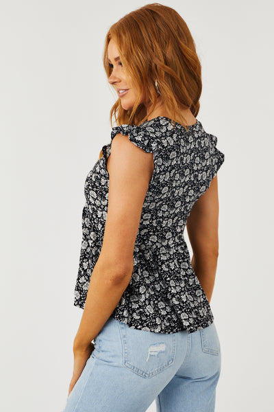 Black Floral Print Cap Sleeve Peplum Top
