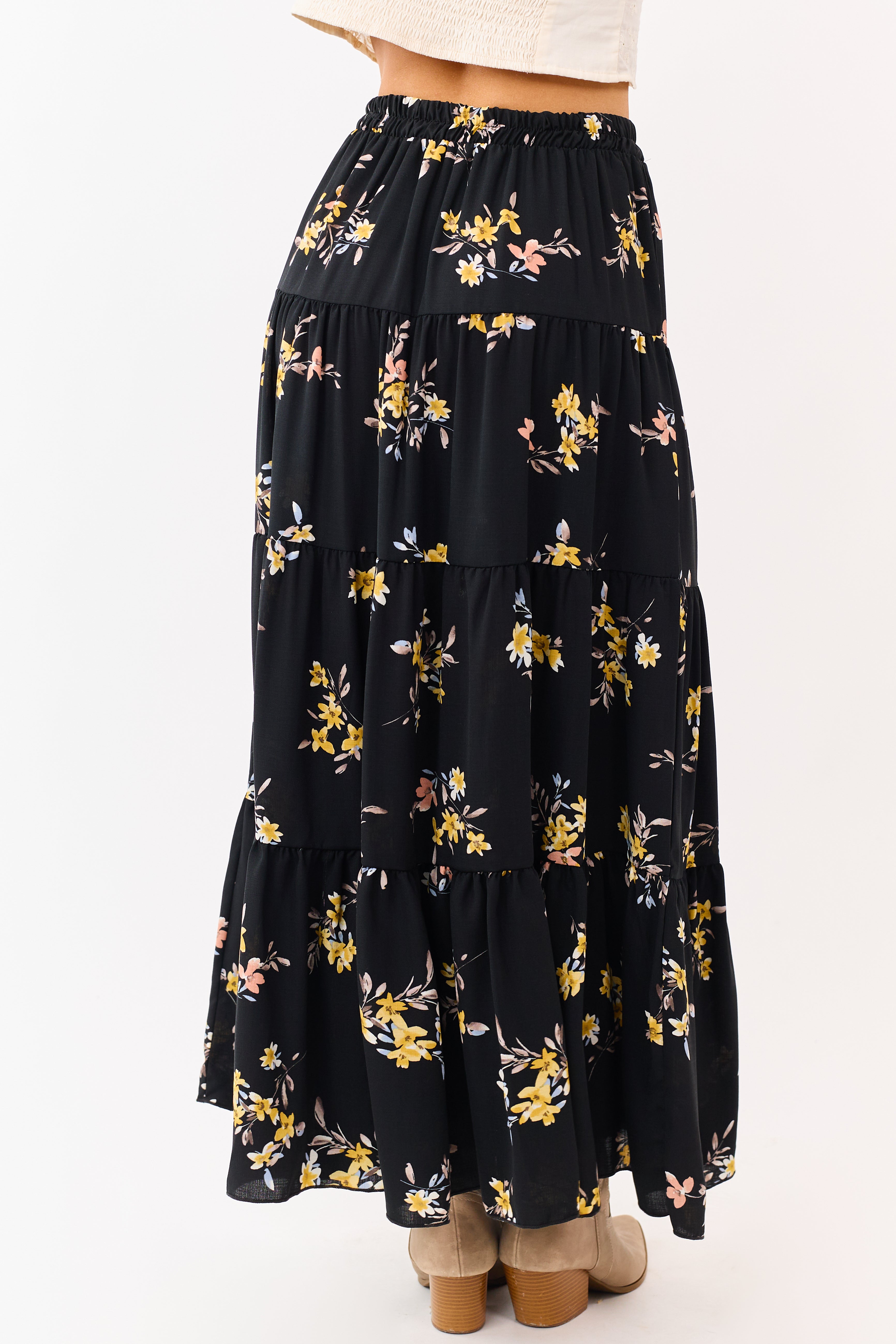 Black Floral Print Elastic Waist Tiered Maxi Skirt