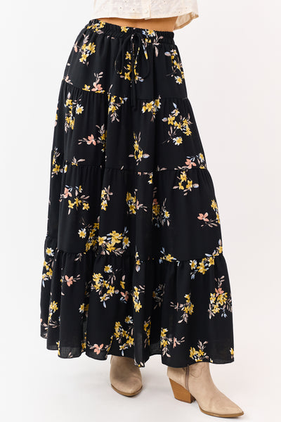 Black Floral Print Elastic Waist Tiered Maxi Skirt