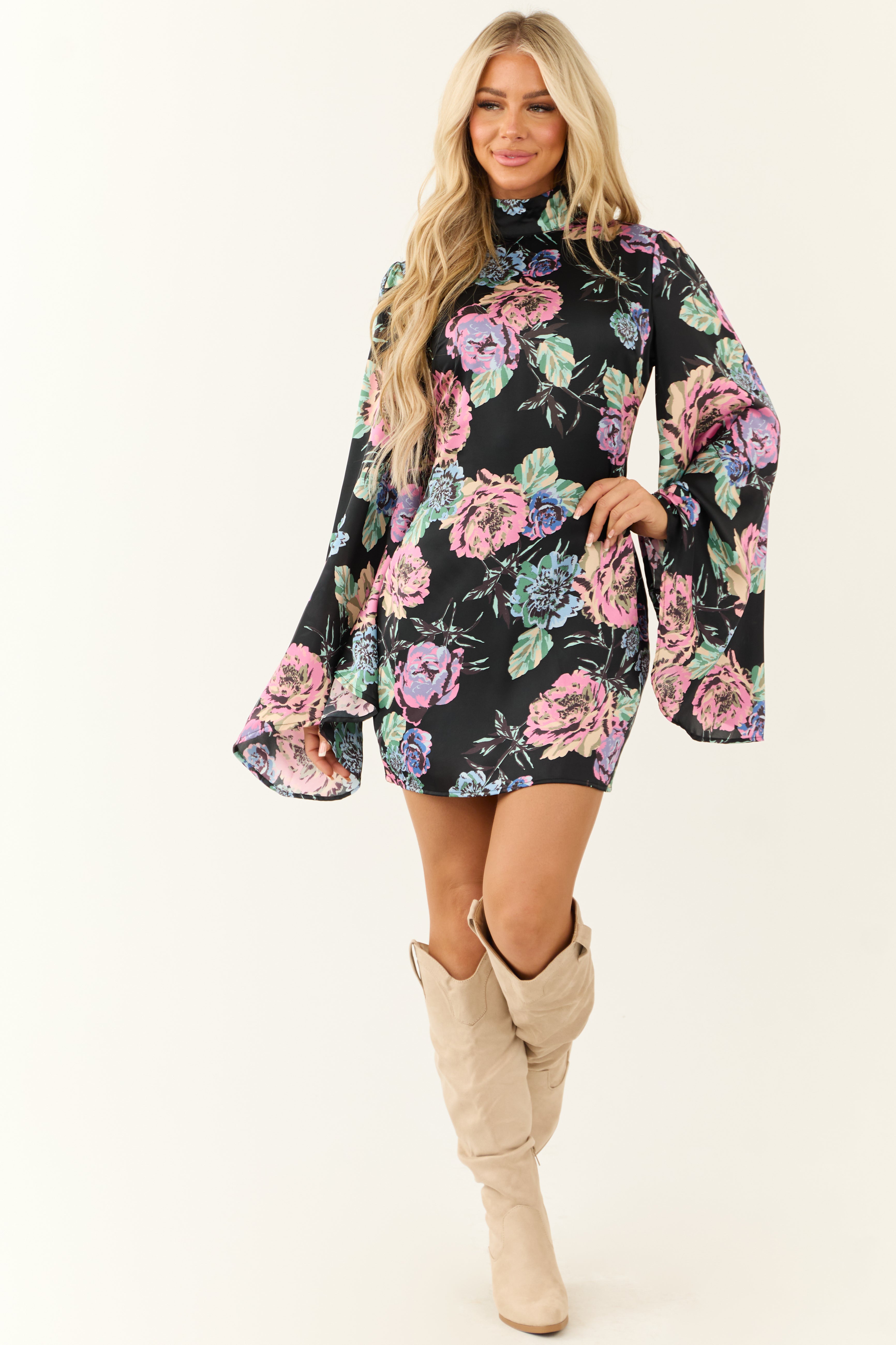 Black Floral Print Flare Sleeve Satin Short Dress