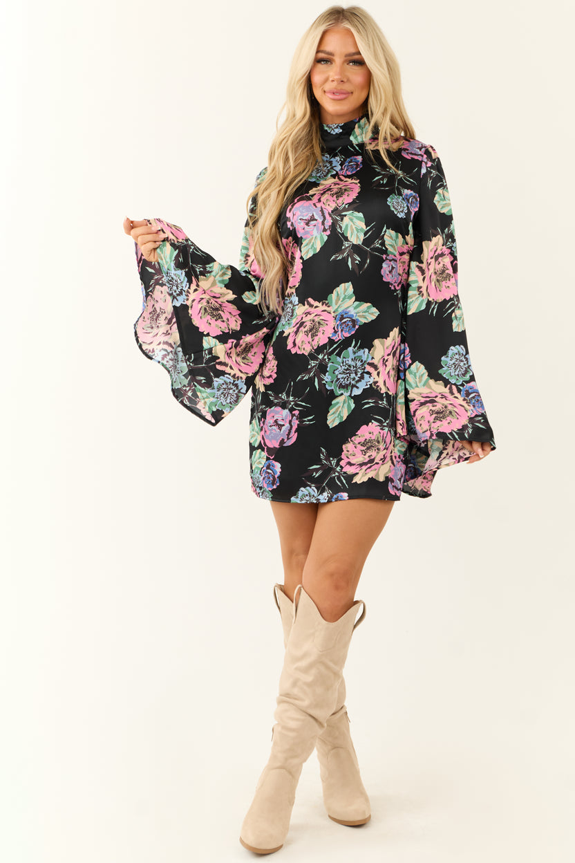 Black Floral Print Dress With Bubble Sleeves & Lace Piping