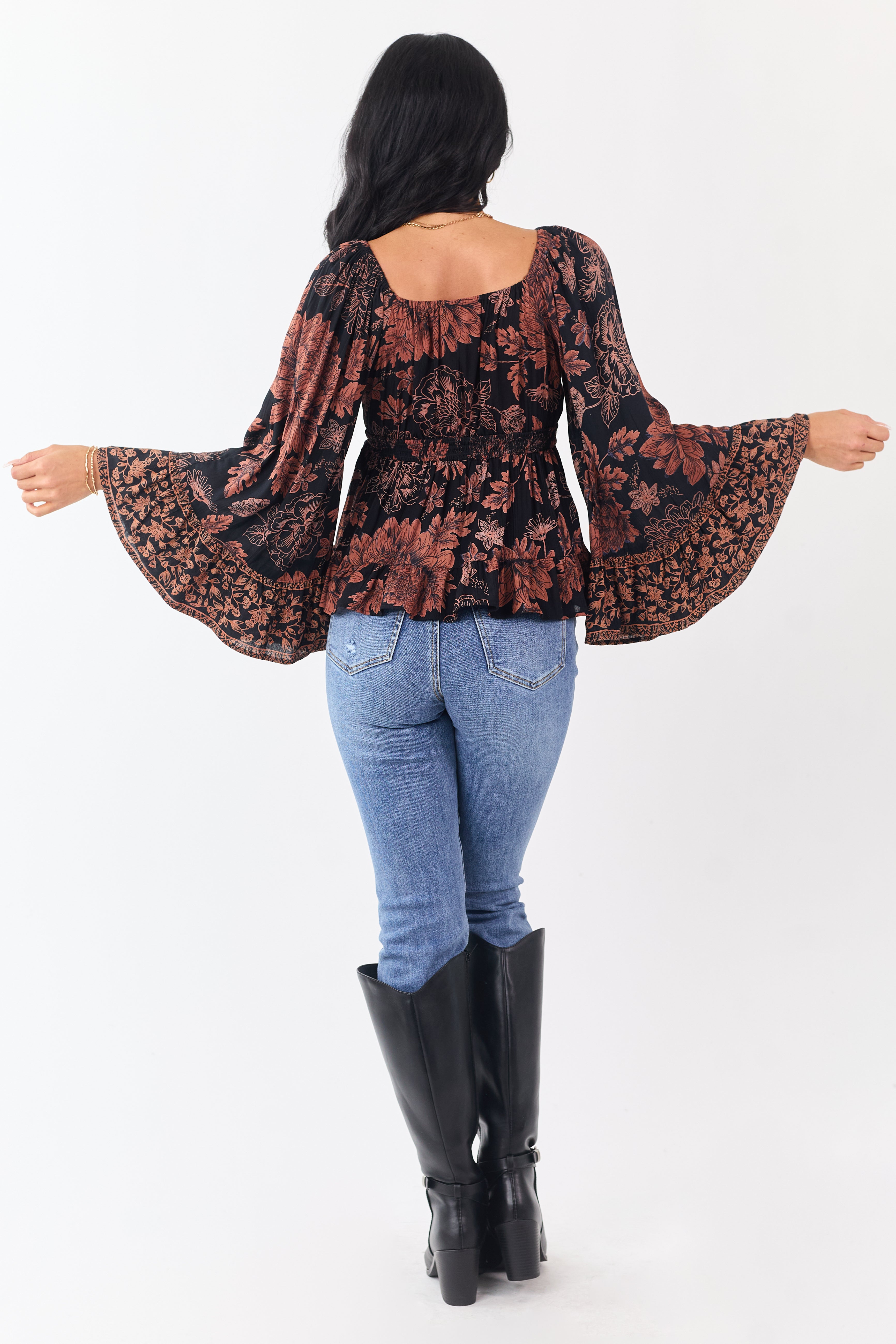 Black Floral Print Flare Sleeve Smocked Waist Top