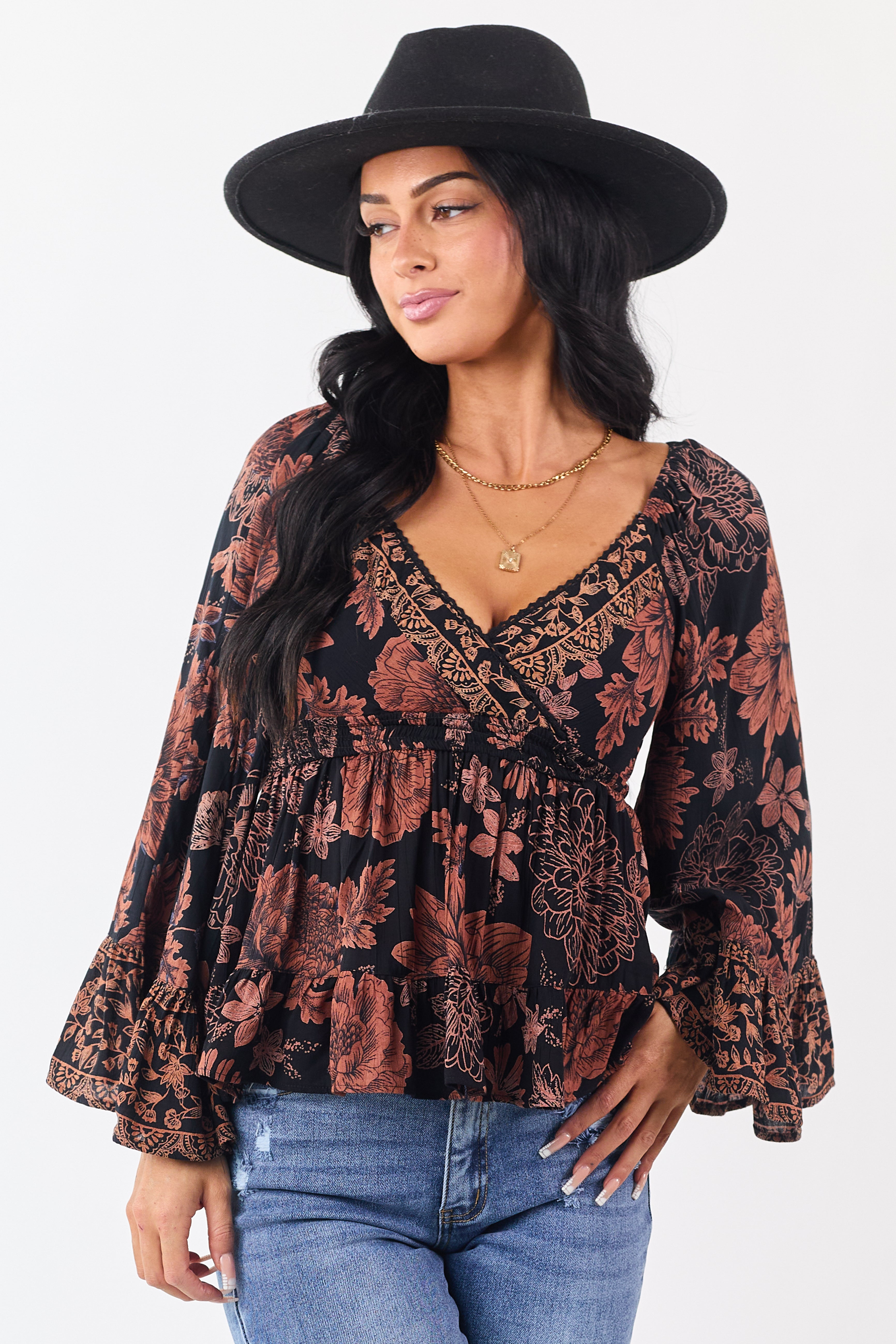 Black Floral Print Flare Sleeve Smocked Waist Top
