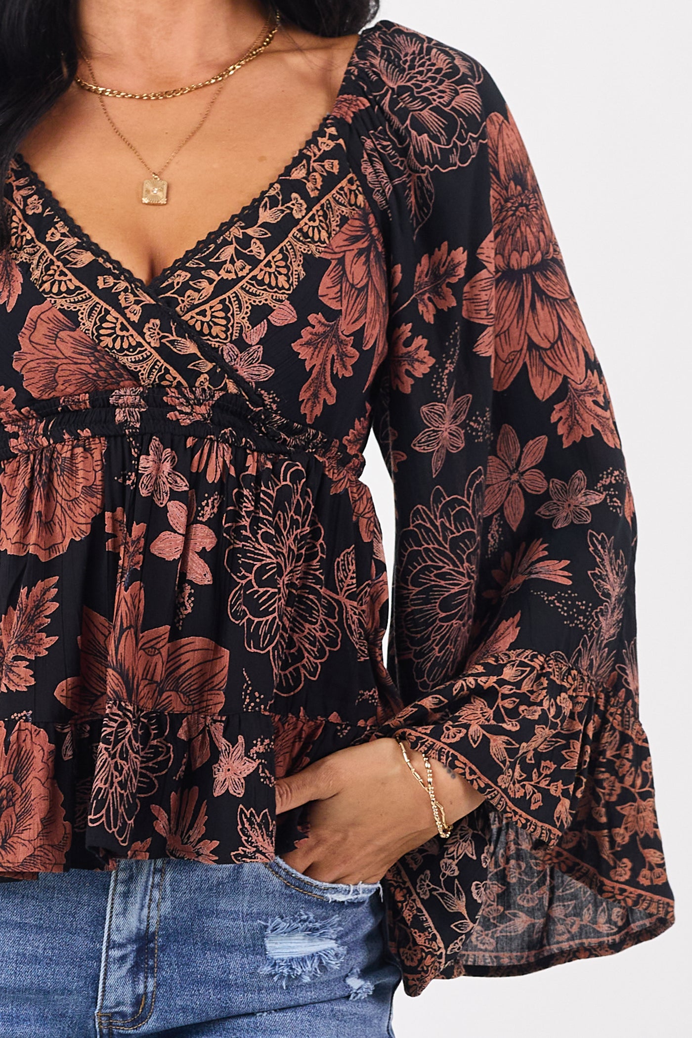 Black Floral Print Flare Sleeve Smocked Waist Top