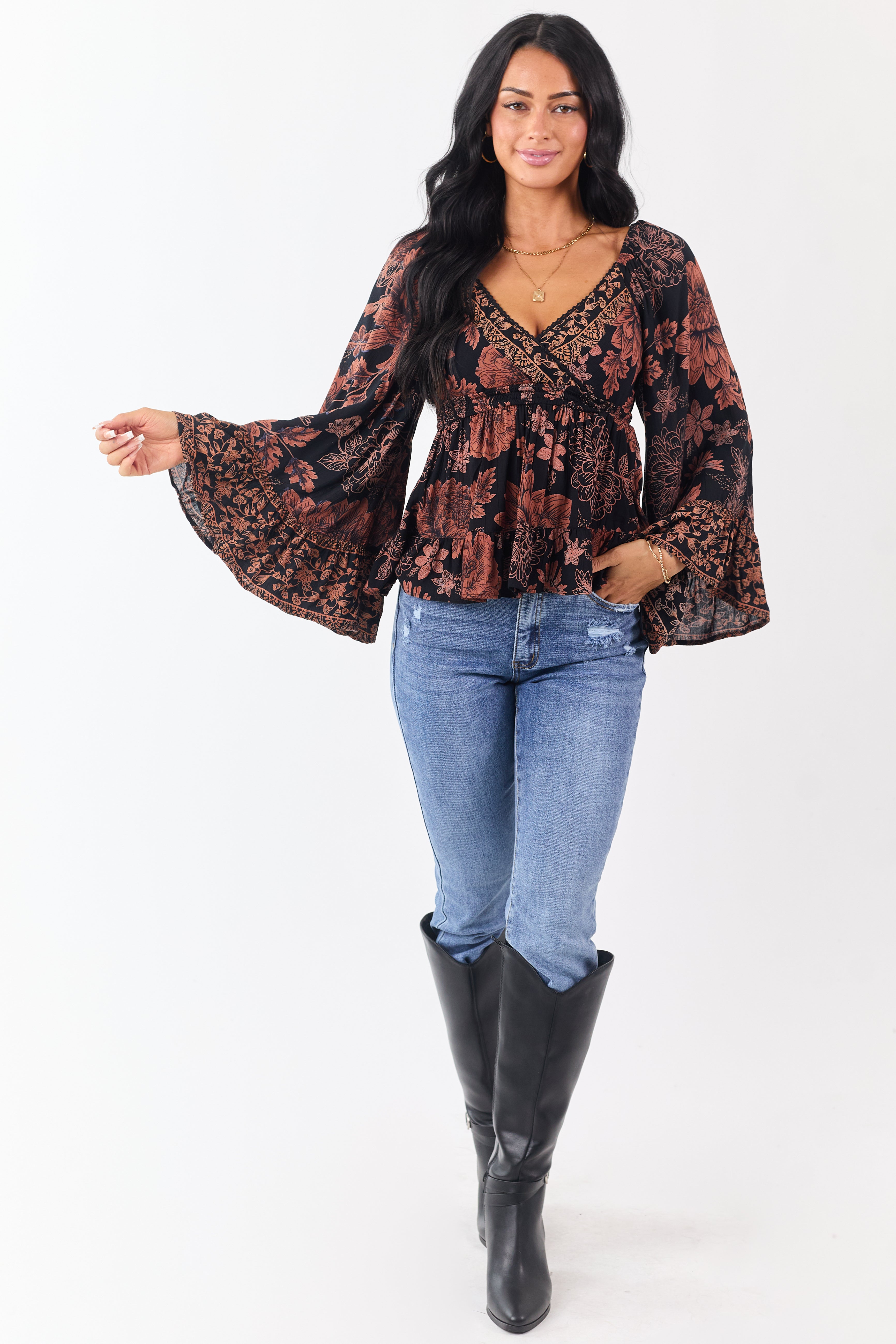 Black Floral Print Flare Sleeve Smocked Waist Top