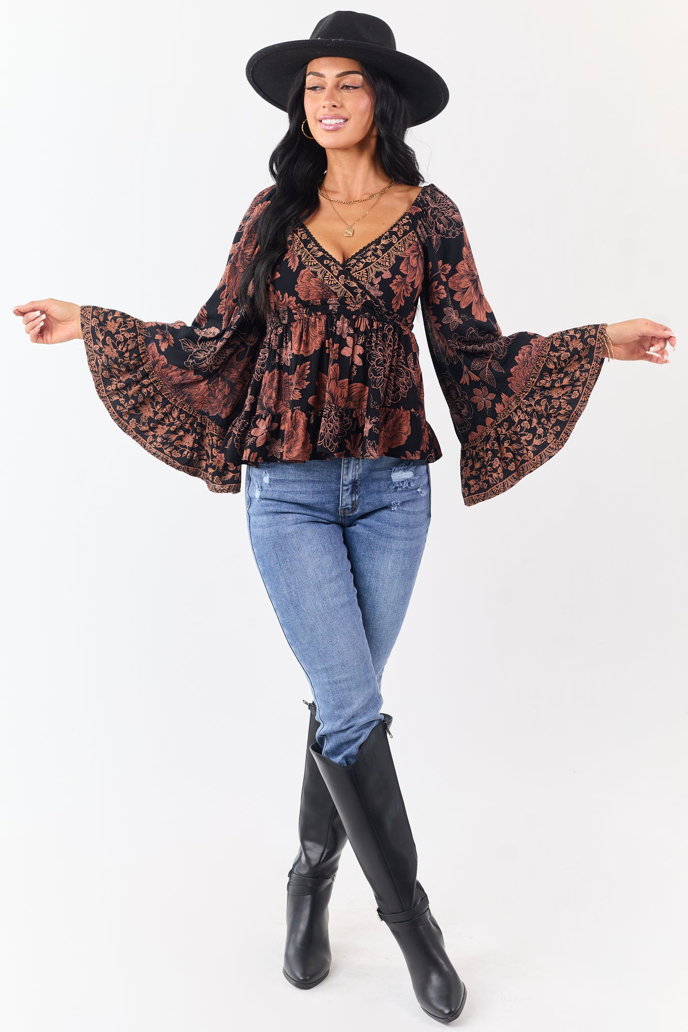 Black Floral Print Flare Sleeve Smocked Waist Top