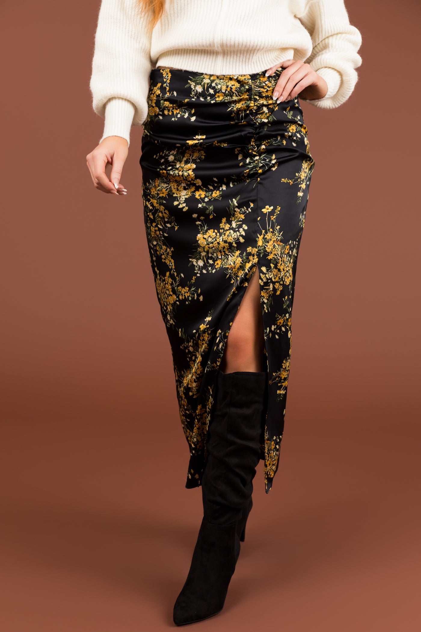 Black Floral Print Front Slit Midi Skirt