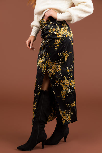 Black Floral Print Front Slit Midi Skirt