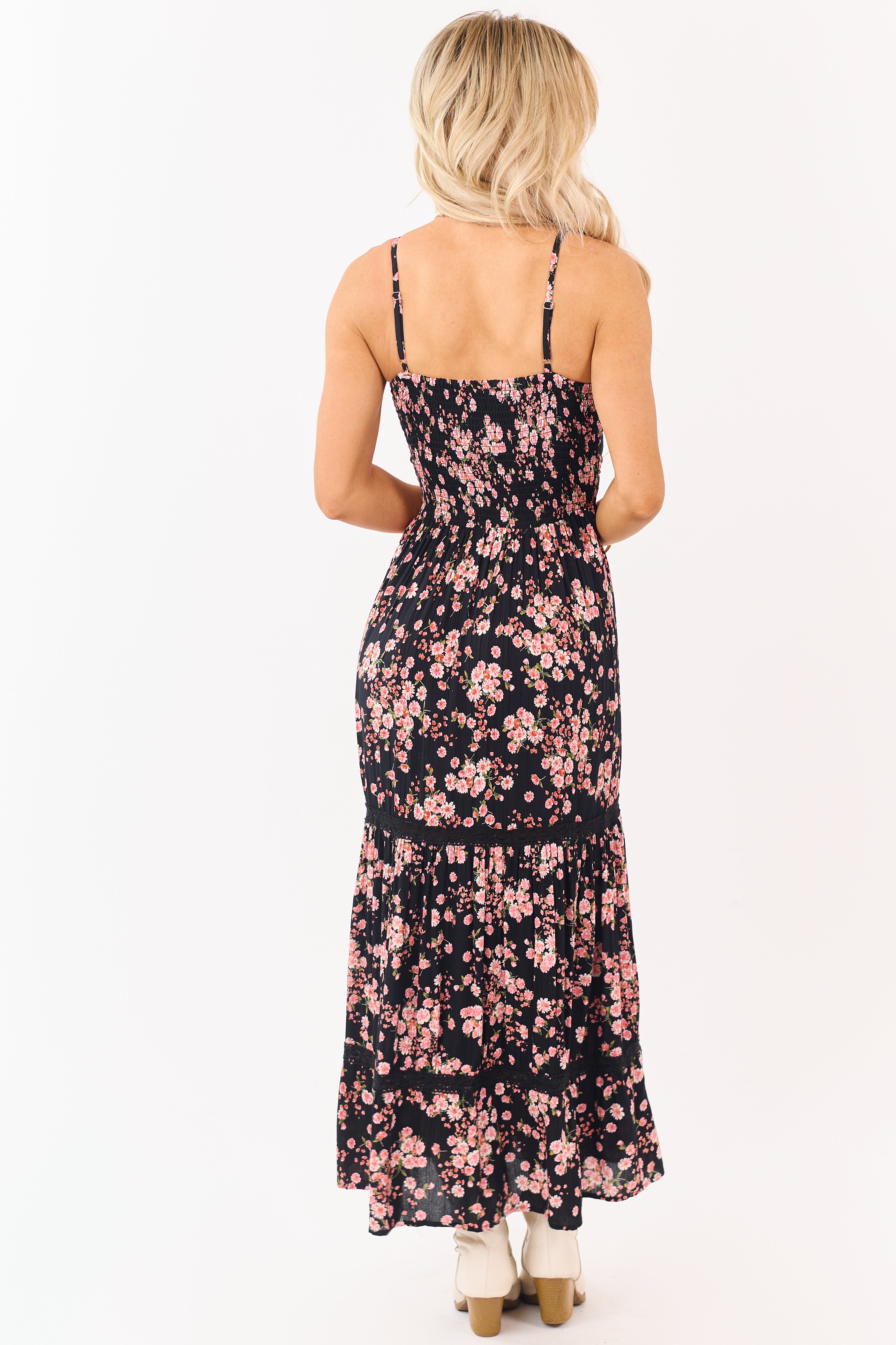 Black Floral Print Front Twist Deep V Maxi Dress