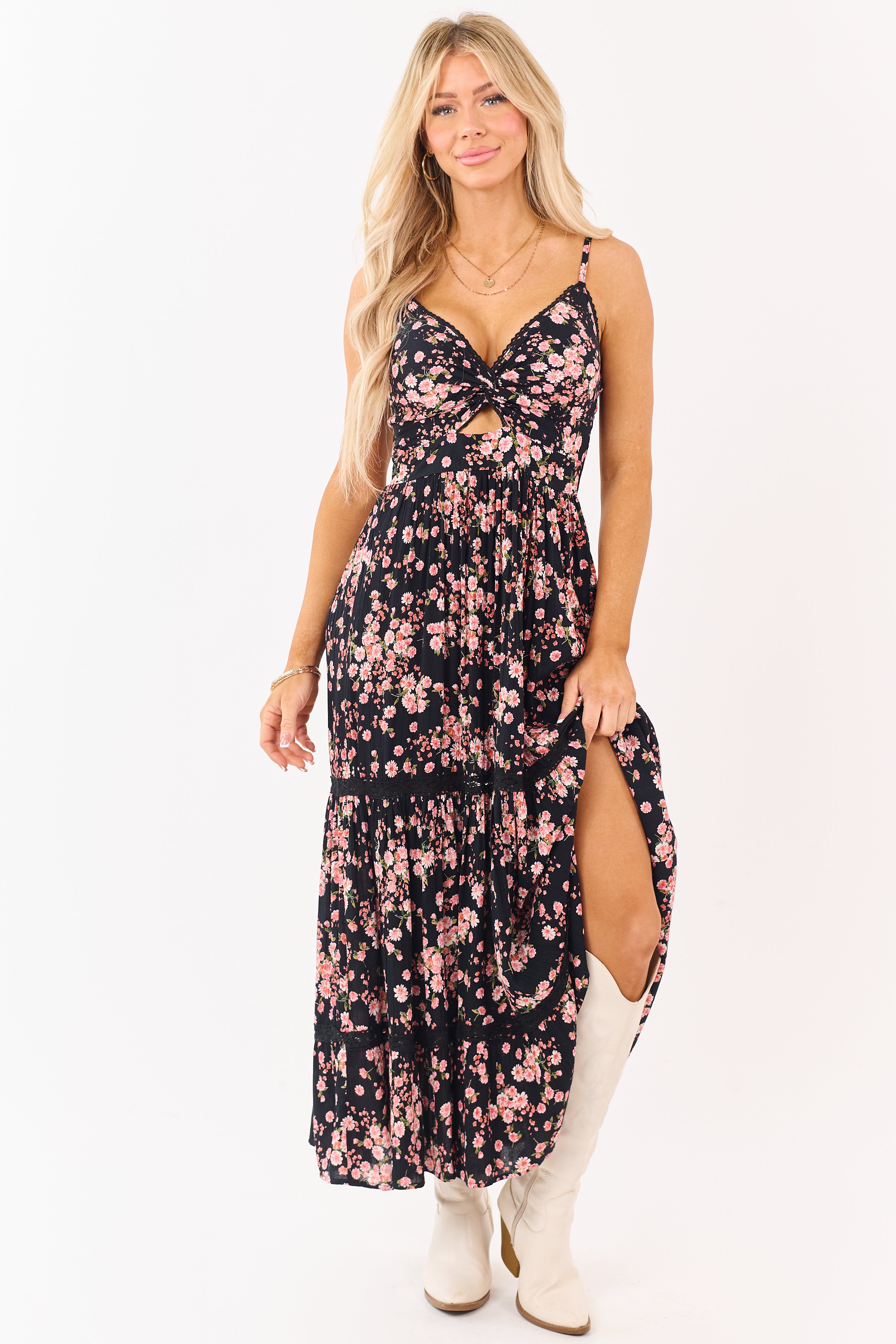 Black Floral Print Front Twist Deep V Maxi Dress