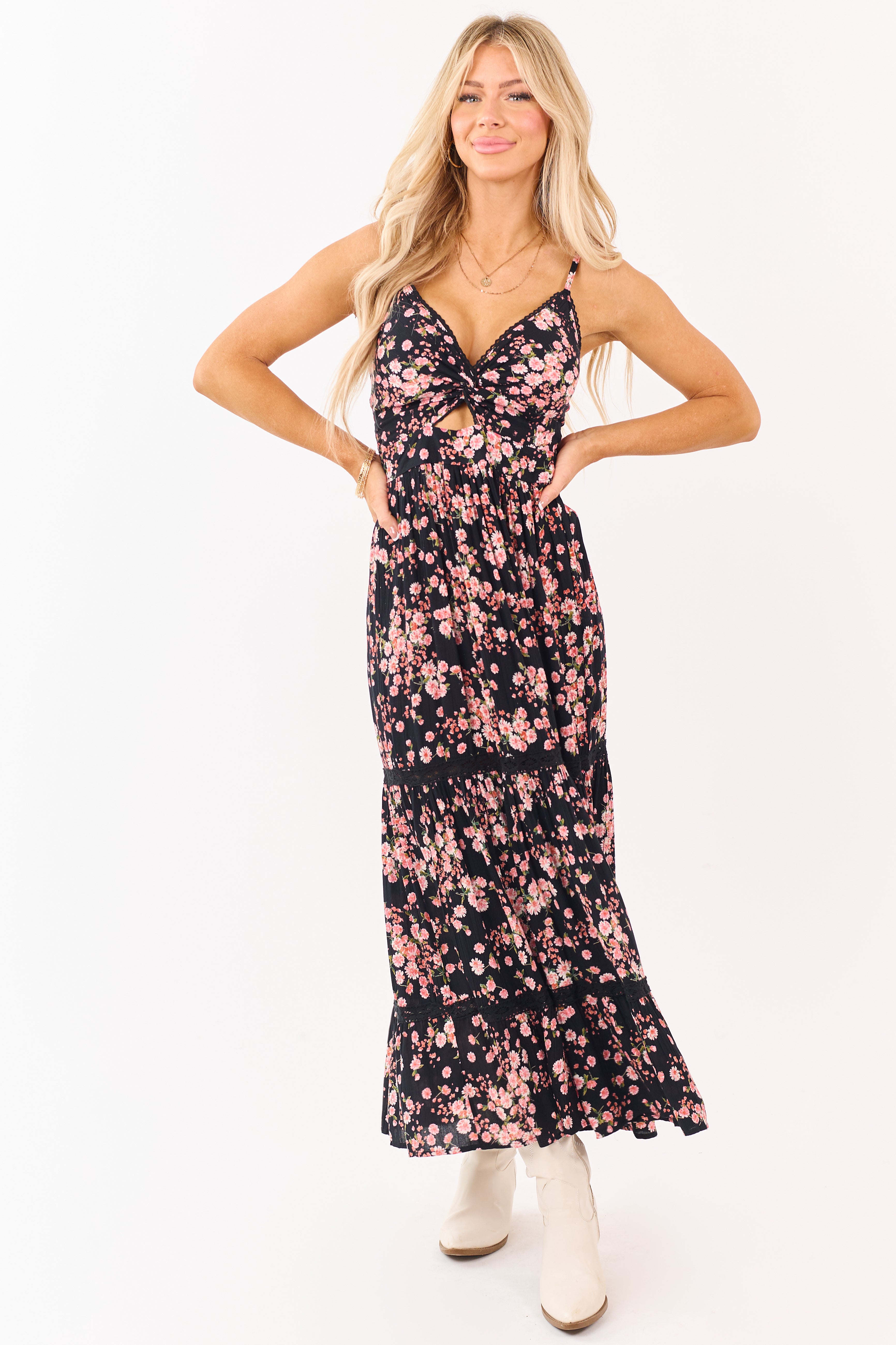 Black Floral Print Front Twist Deep V Maxi Dress