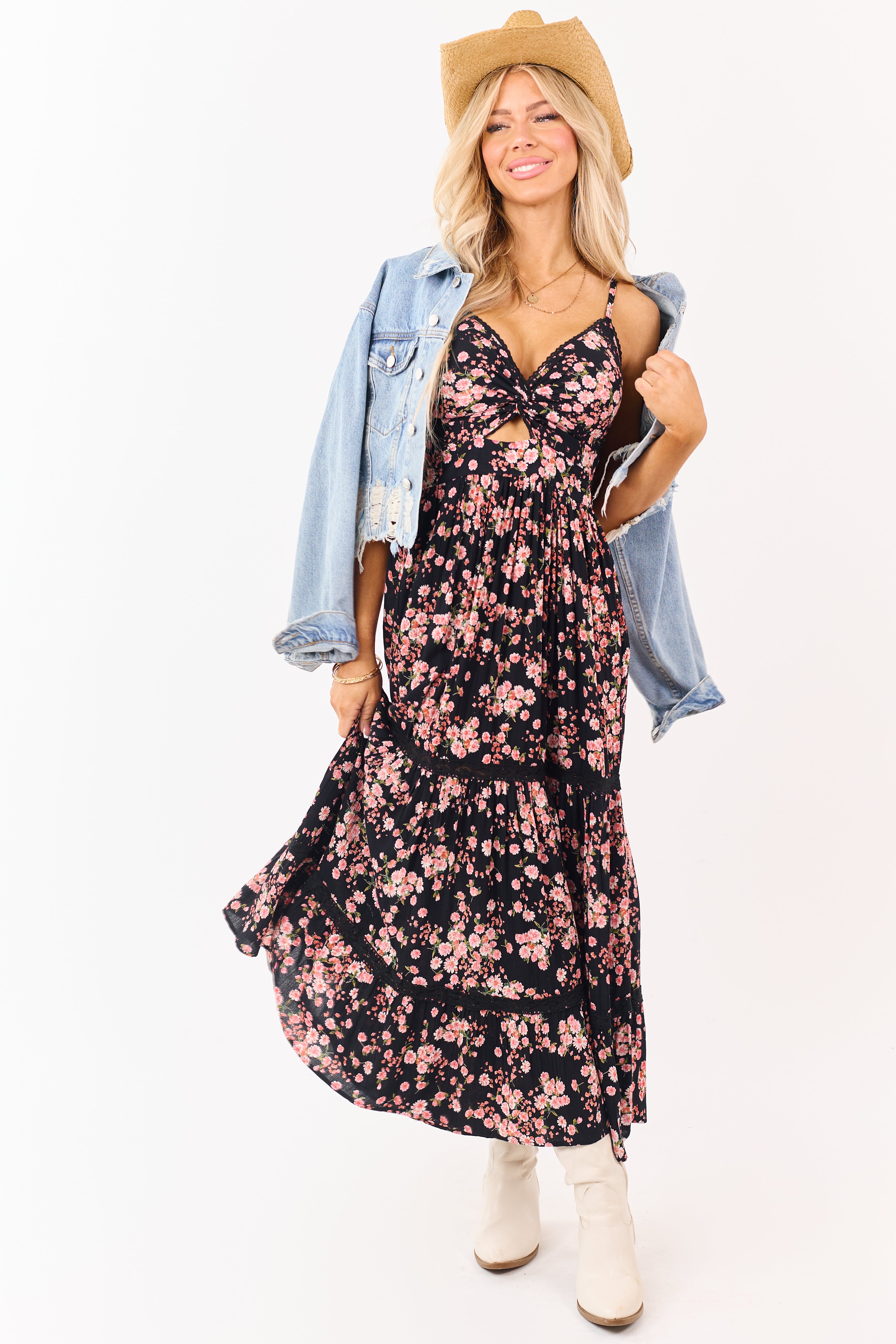 Black Floral Print Front Twist Deep V Maxi Dress