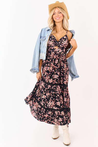 Black Floral Print Front Twist Deep V Maxi Dress