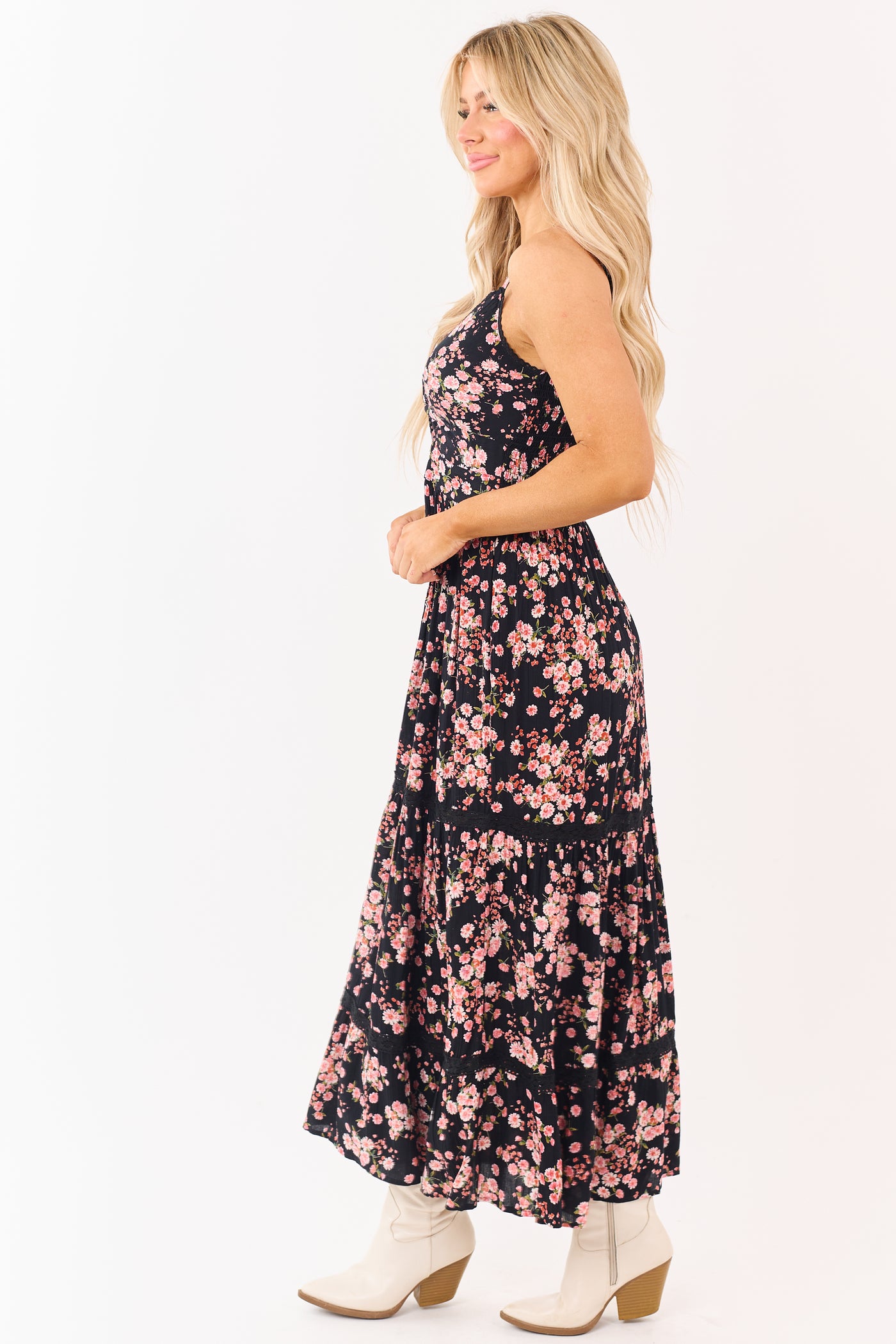 Black Floral Print Front Twist Deep V Maxi Dress