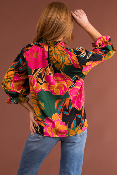 Black Floral Print Half Sleeve Frilled Top