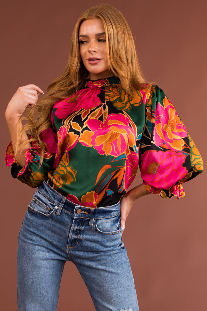 Black Floral Print Half Sleeve Frilled Top