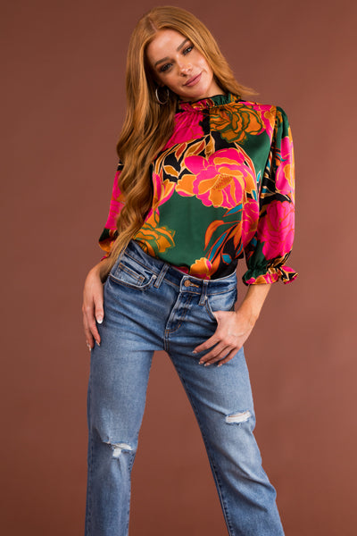 Black Floral Print Half Sleeve Frilled Top
