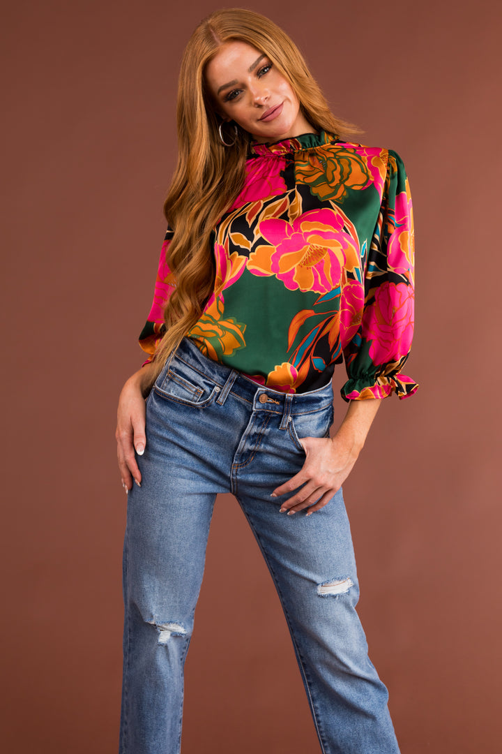 Black Floral Print Half Sleeve Frilled Top
