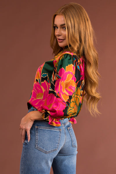 Black Floral Print Half Sleeve Frilled Top