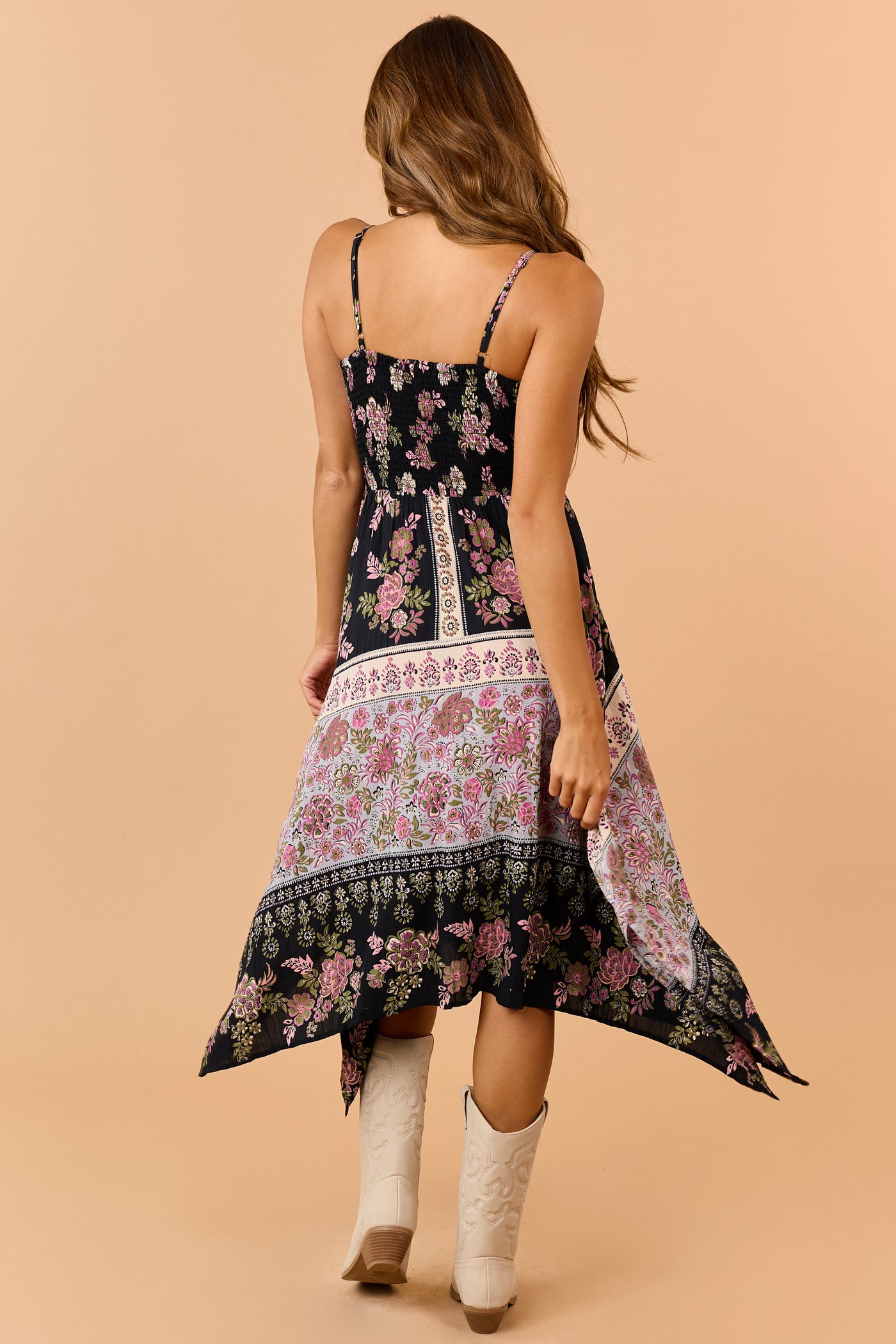 Black Floral Print Handkerchief Hem Midi Dress
