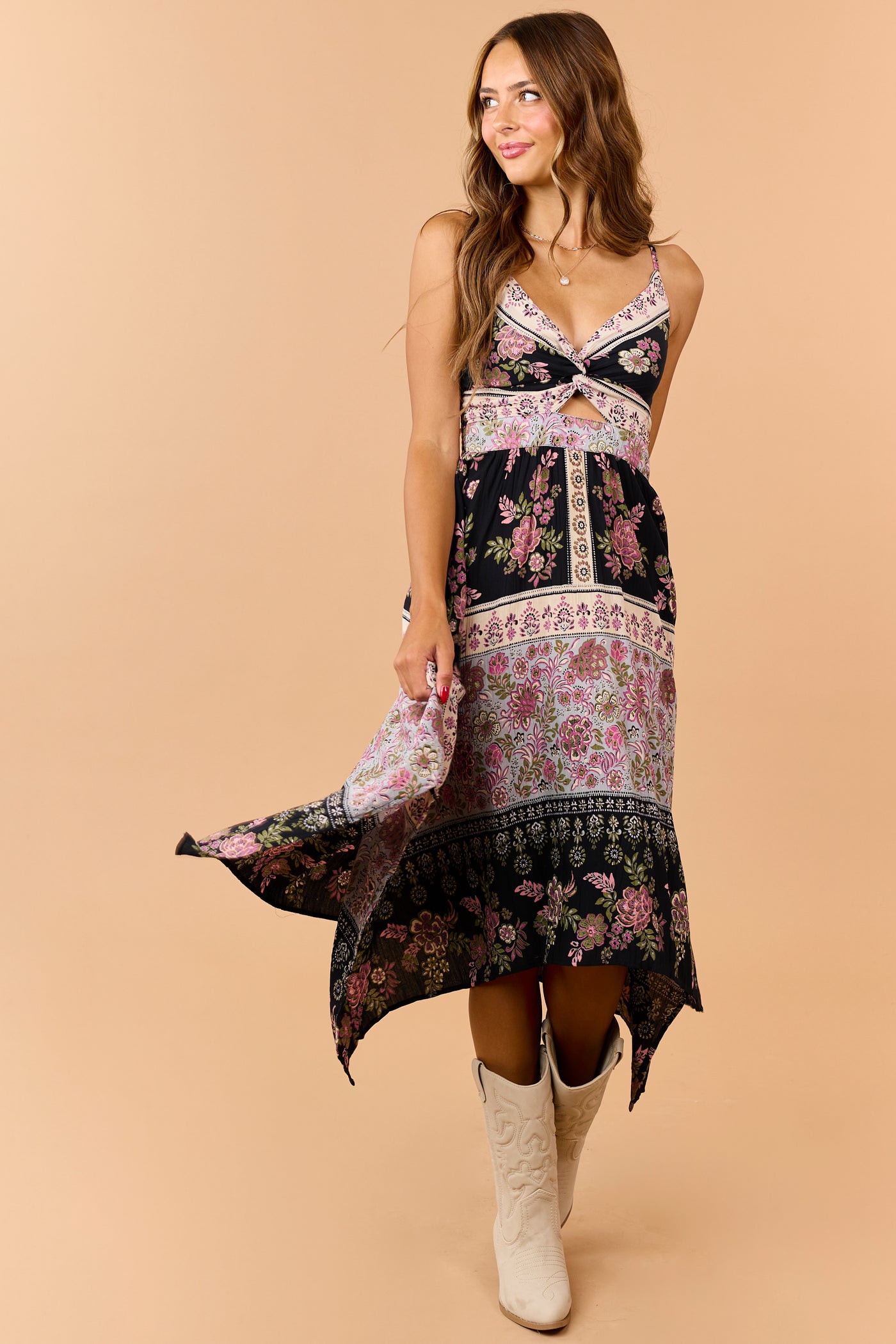 Black Floral Print Handkerchief Hem Midi Dress