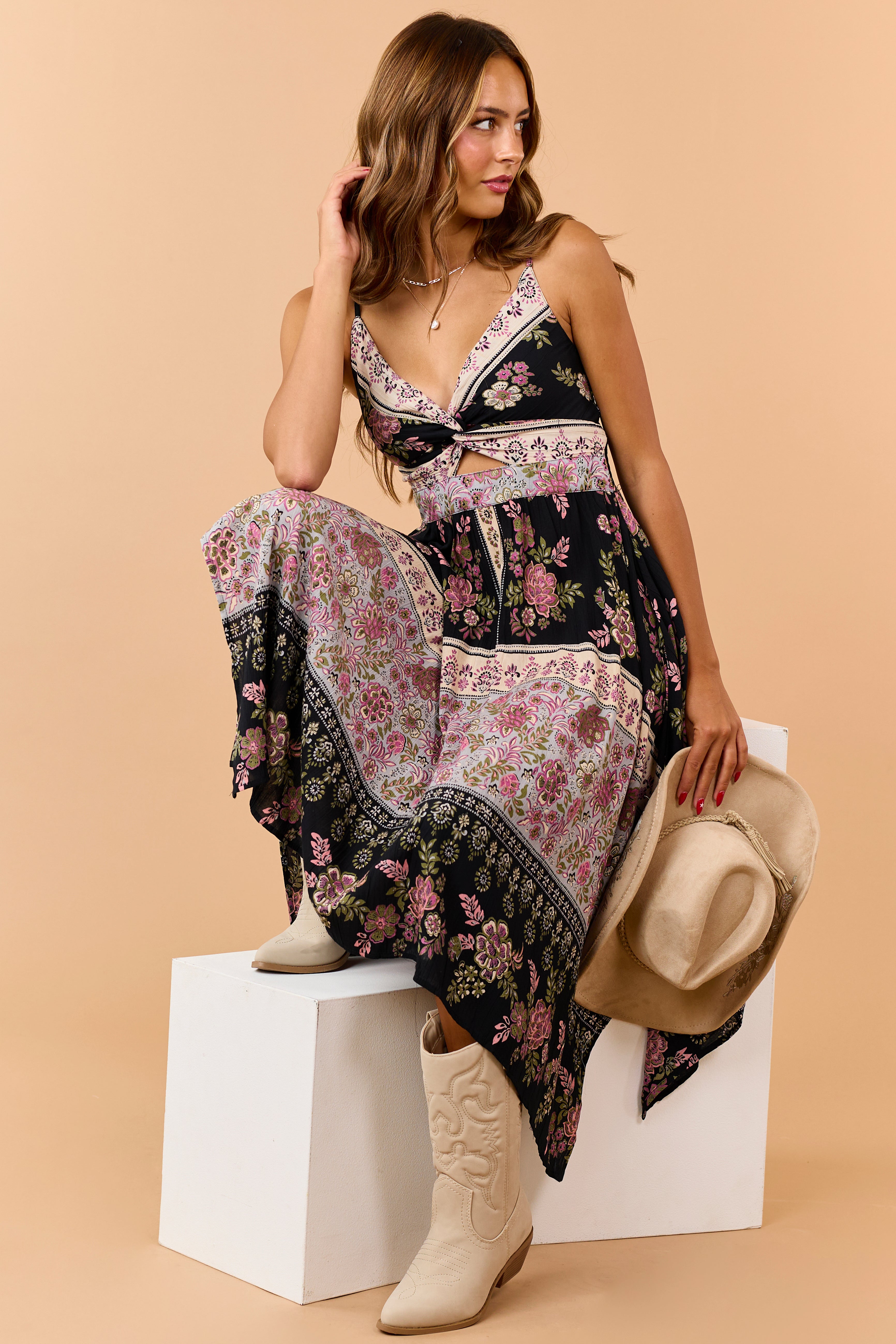 Black Floral Print Handkerchief Hem Midi Dress | Lime Lush Boutique