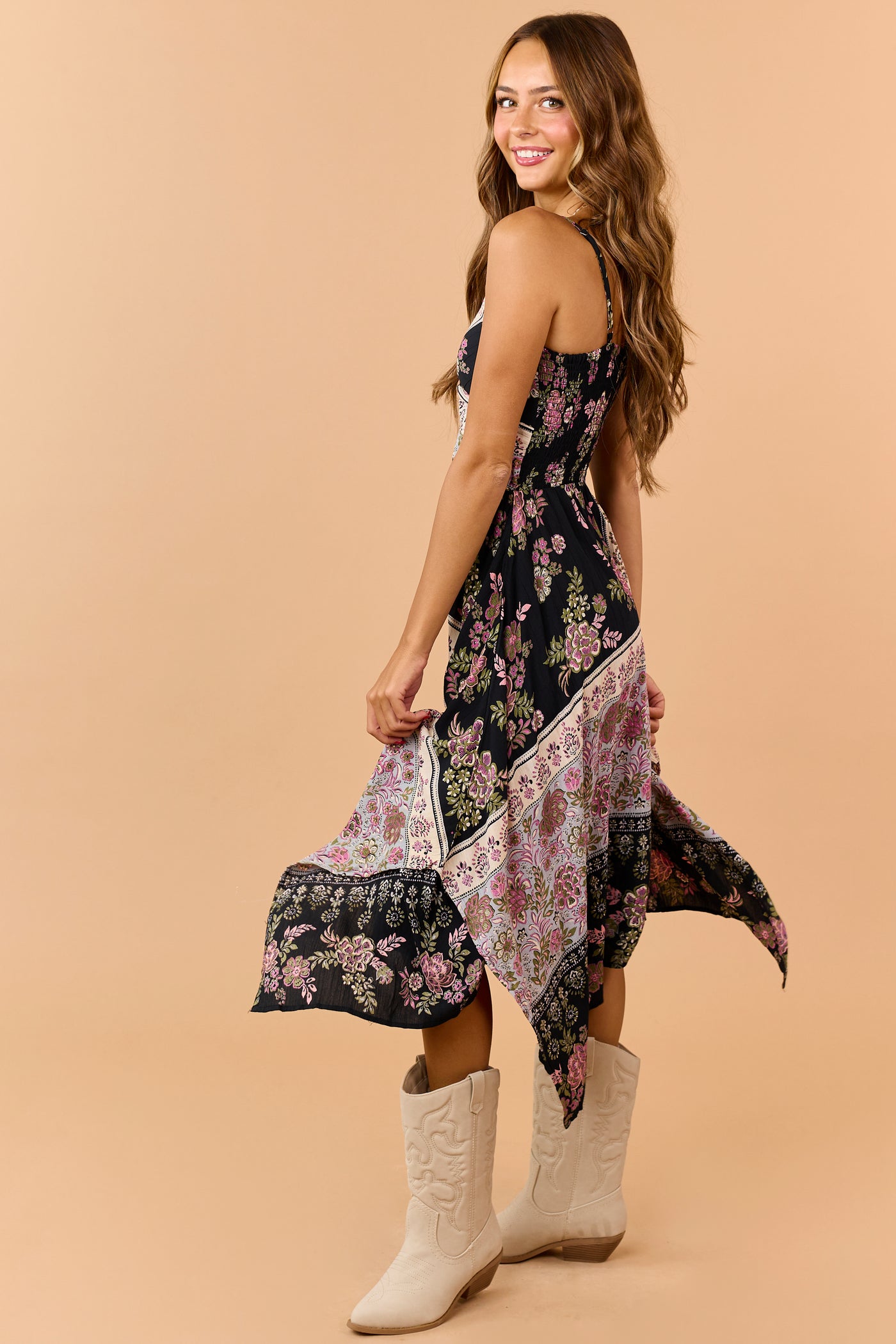 Black Floral Print Handkerchief Hem Midi Dress