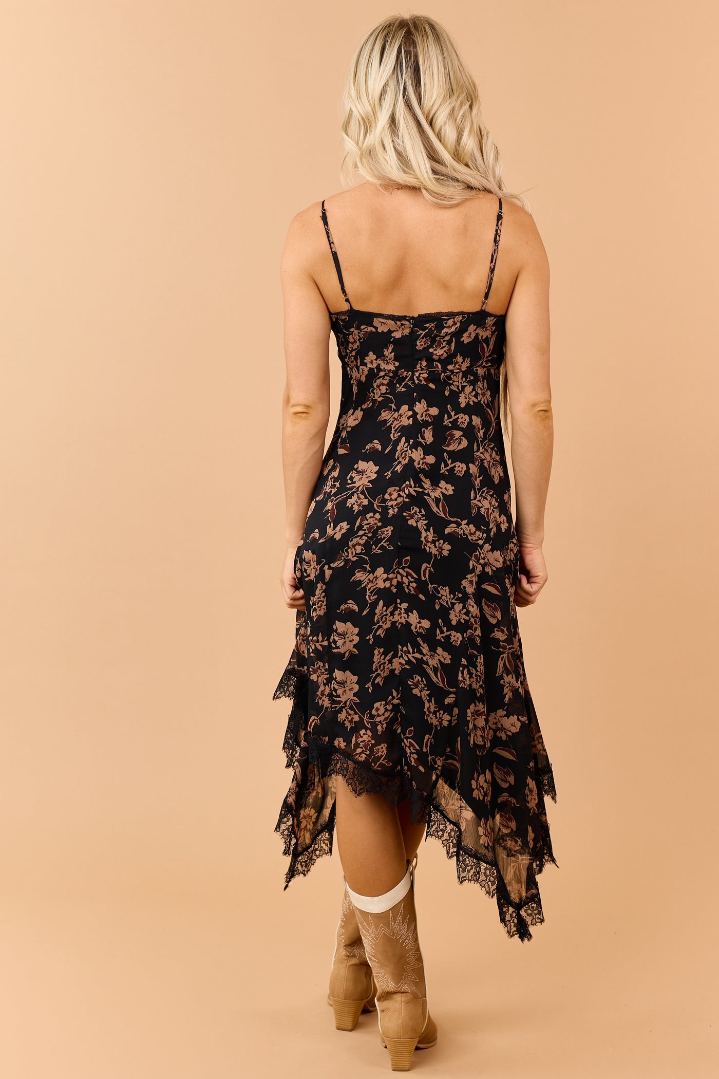 Black Floral Print Handkerchief Hem Midi Slip Dress
