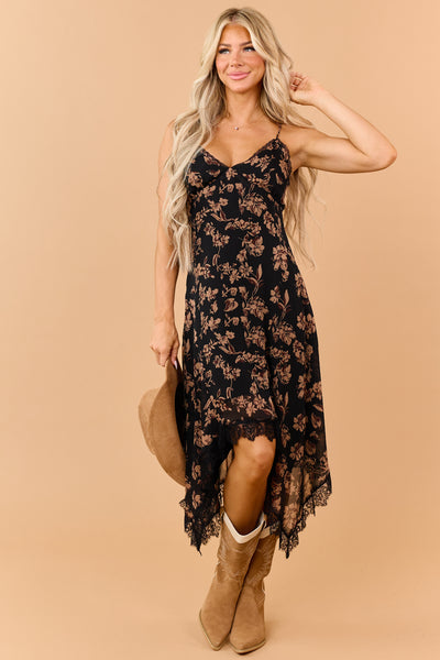 Black Floral Print Handkerchief Hem Midi Slip Dress