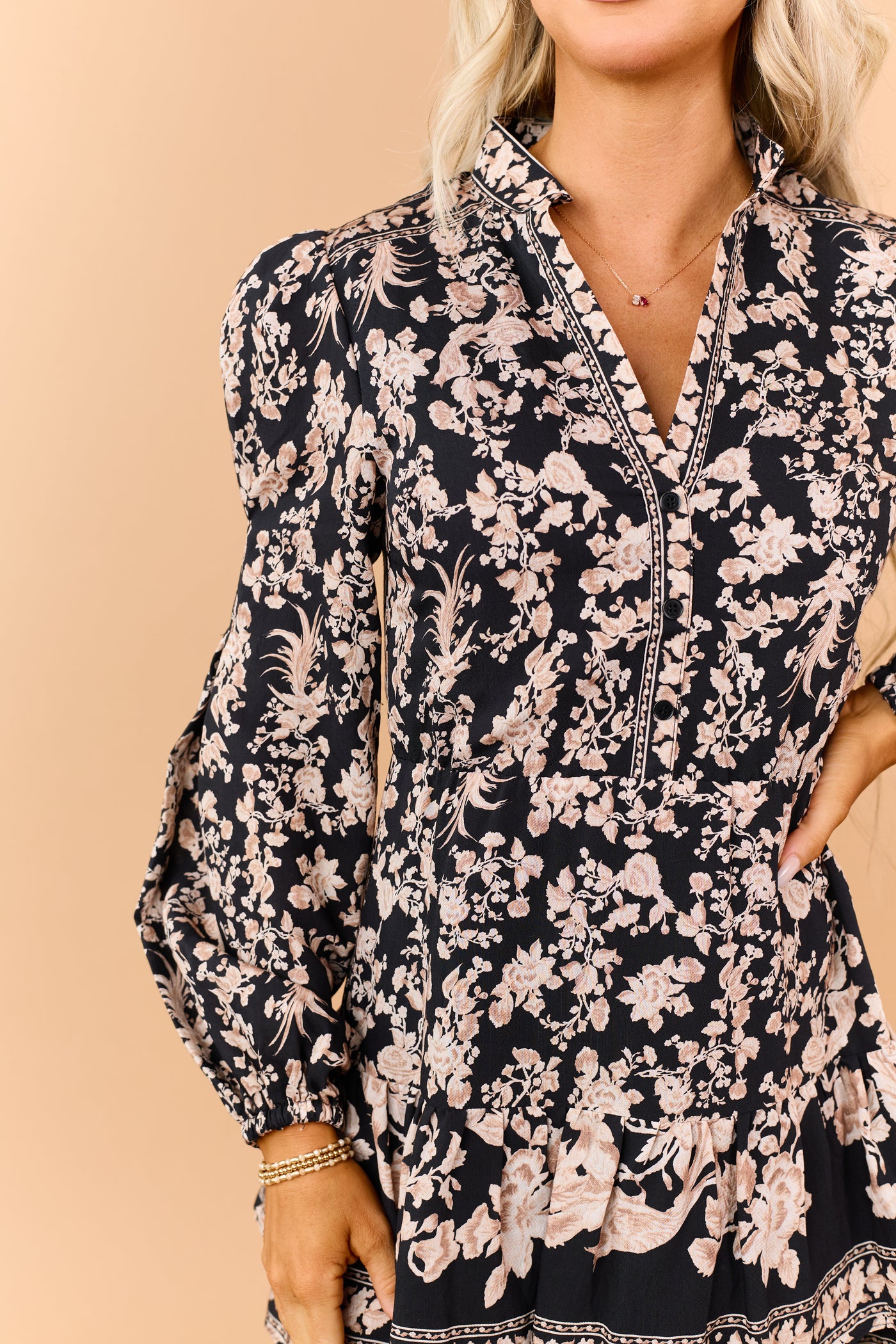 Black Floral Print High Collar Long Sleeve Mini Dress