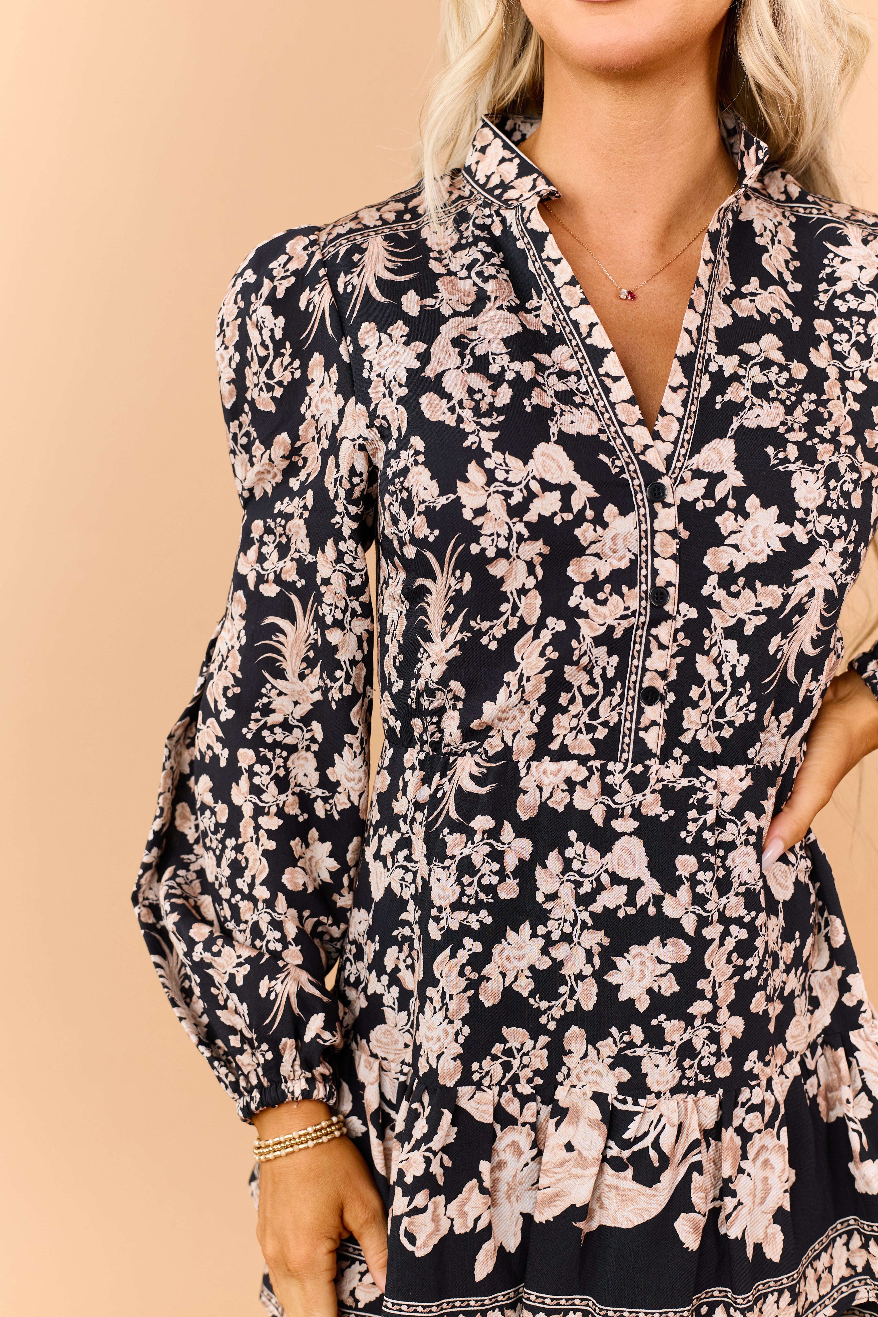 Black Floral Print High Collar Long Sleeve Mini Dress