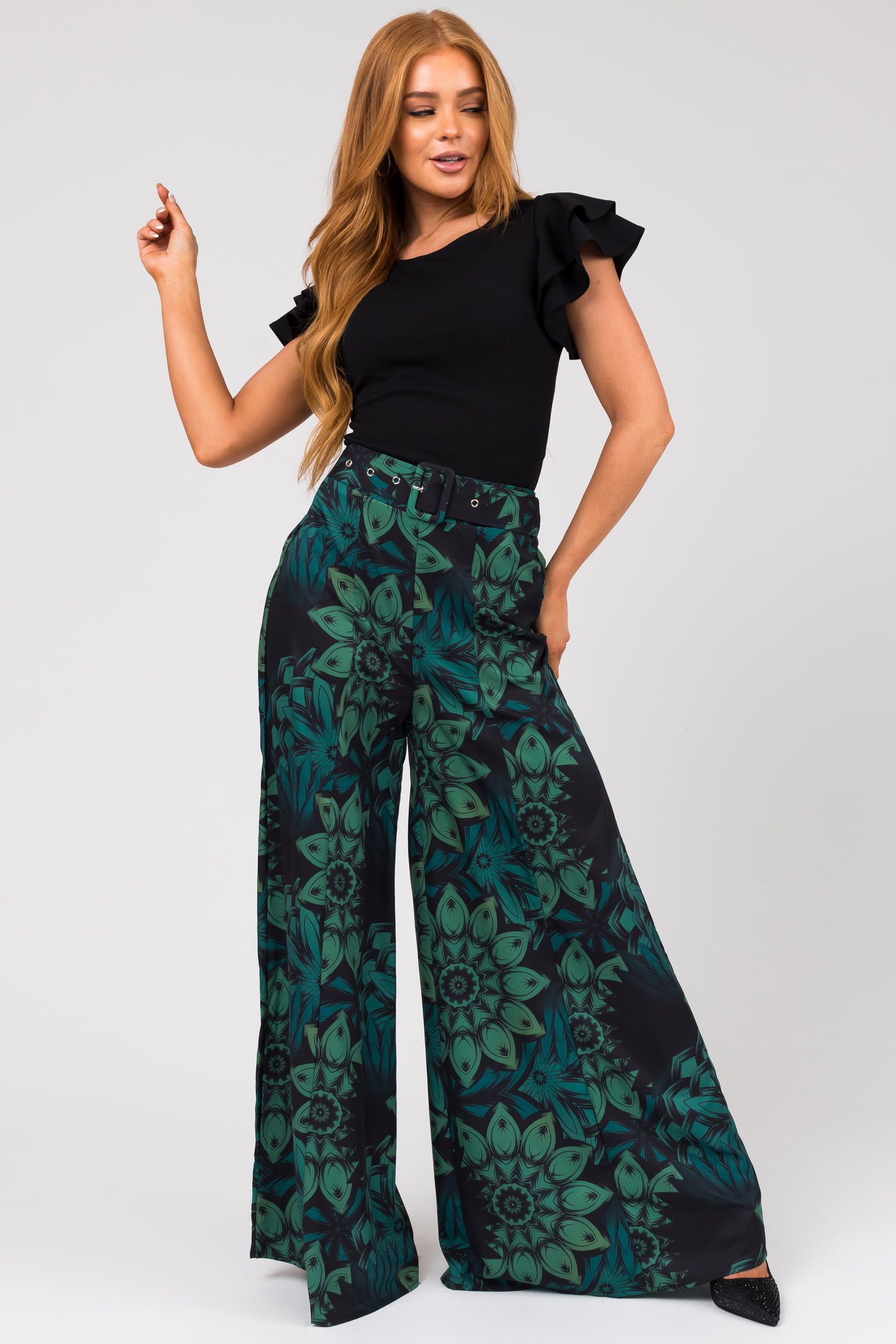 Black Floral Print High Waist Wide Leg Pants