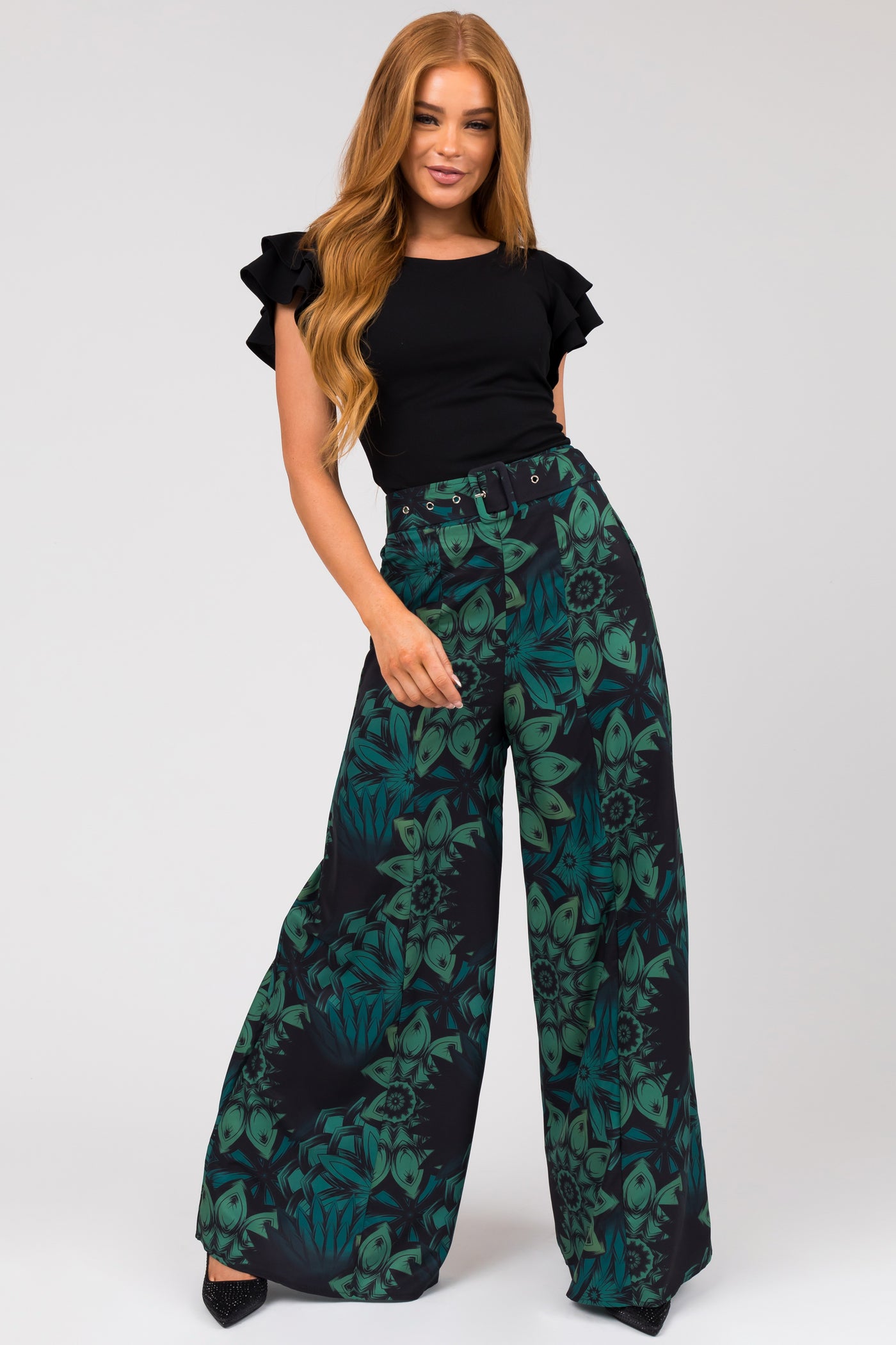 Black Floral Print High Waist Wide Leg Pants