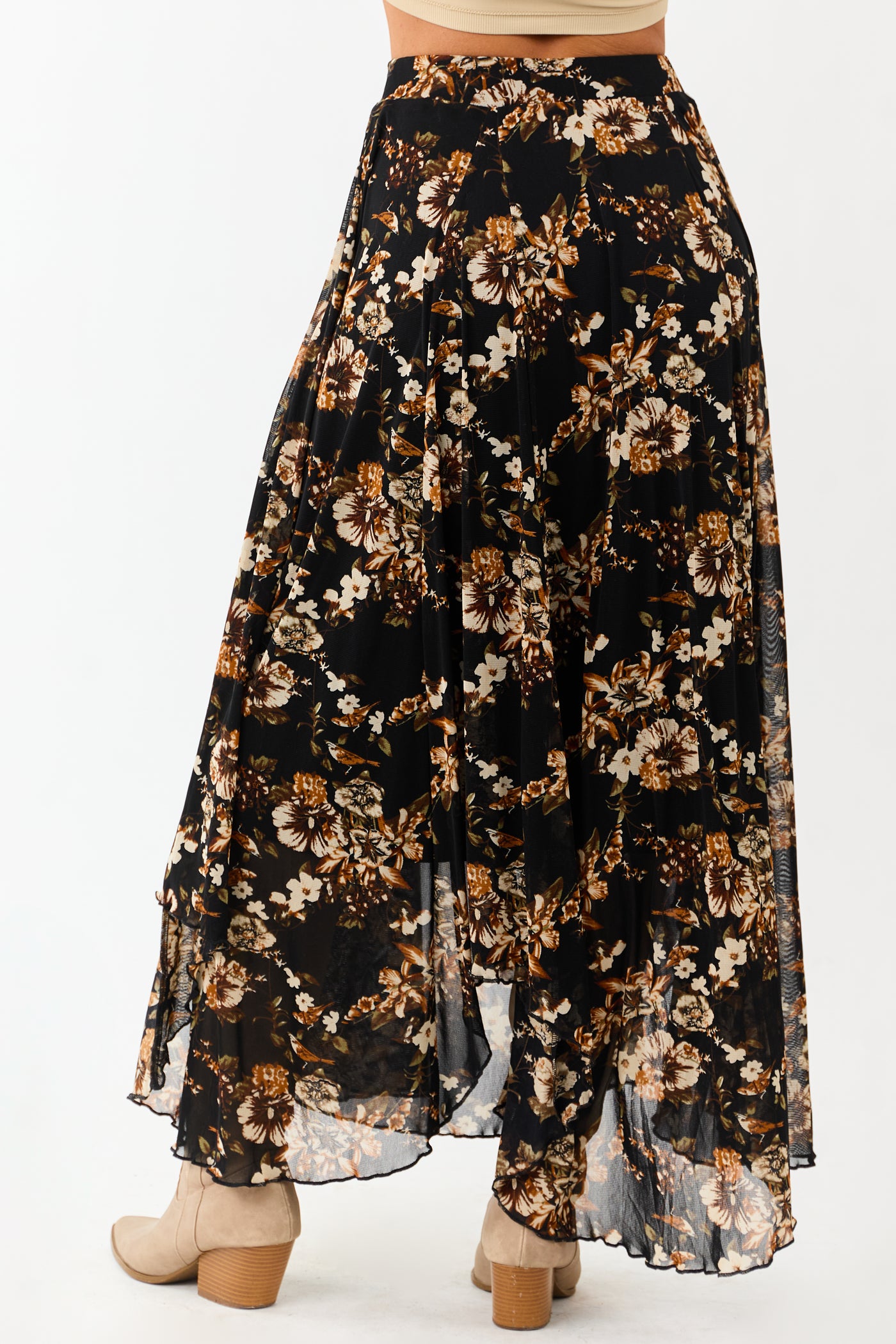 Black Floral Print Mesh Handkerchief Hem Maxi Skirt