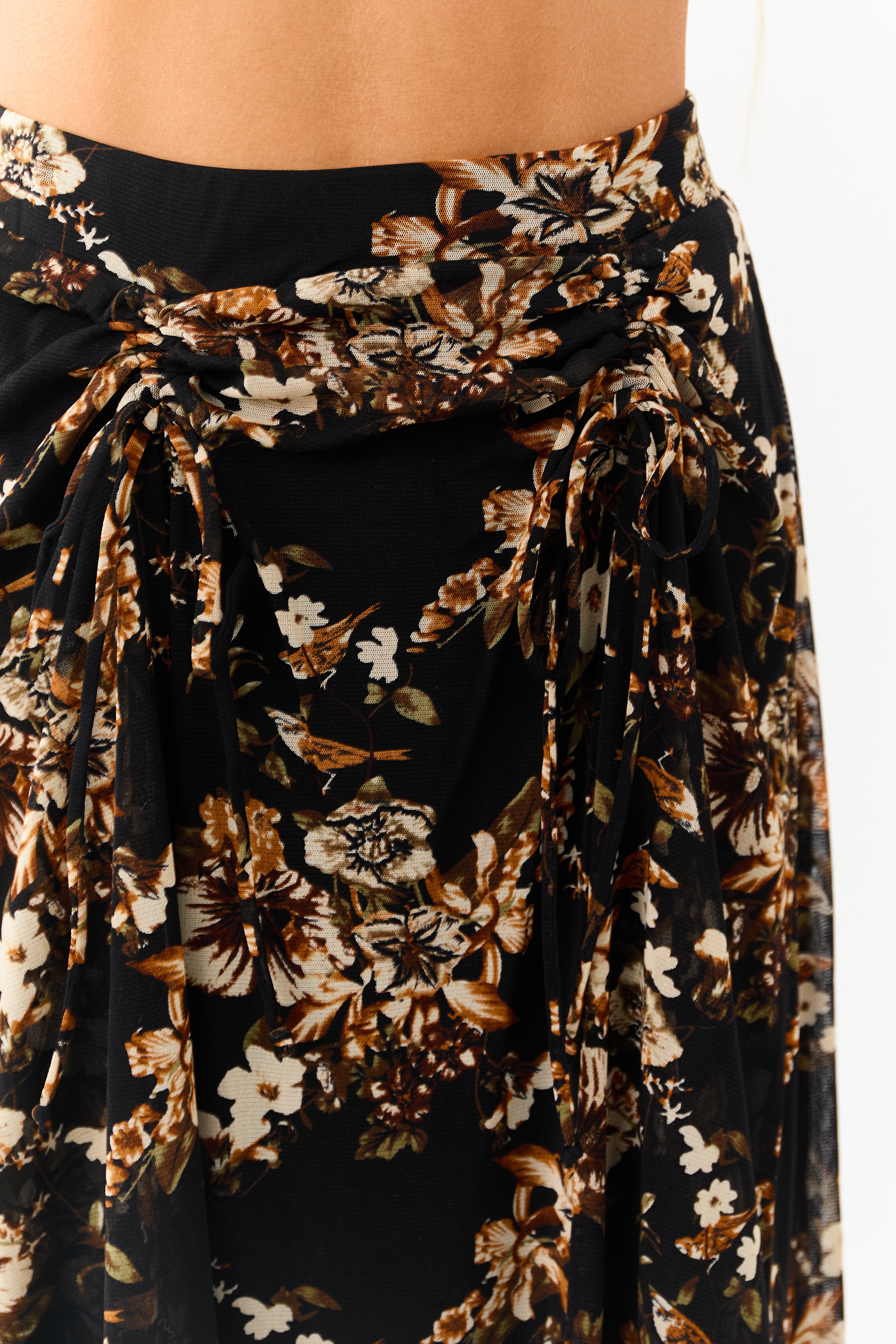 Black Floral Print Mesh Handkerchief Hem Maxi Skirt