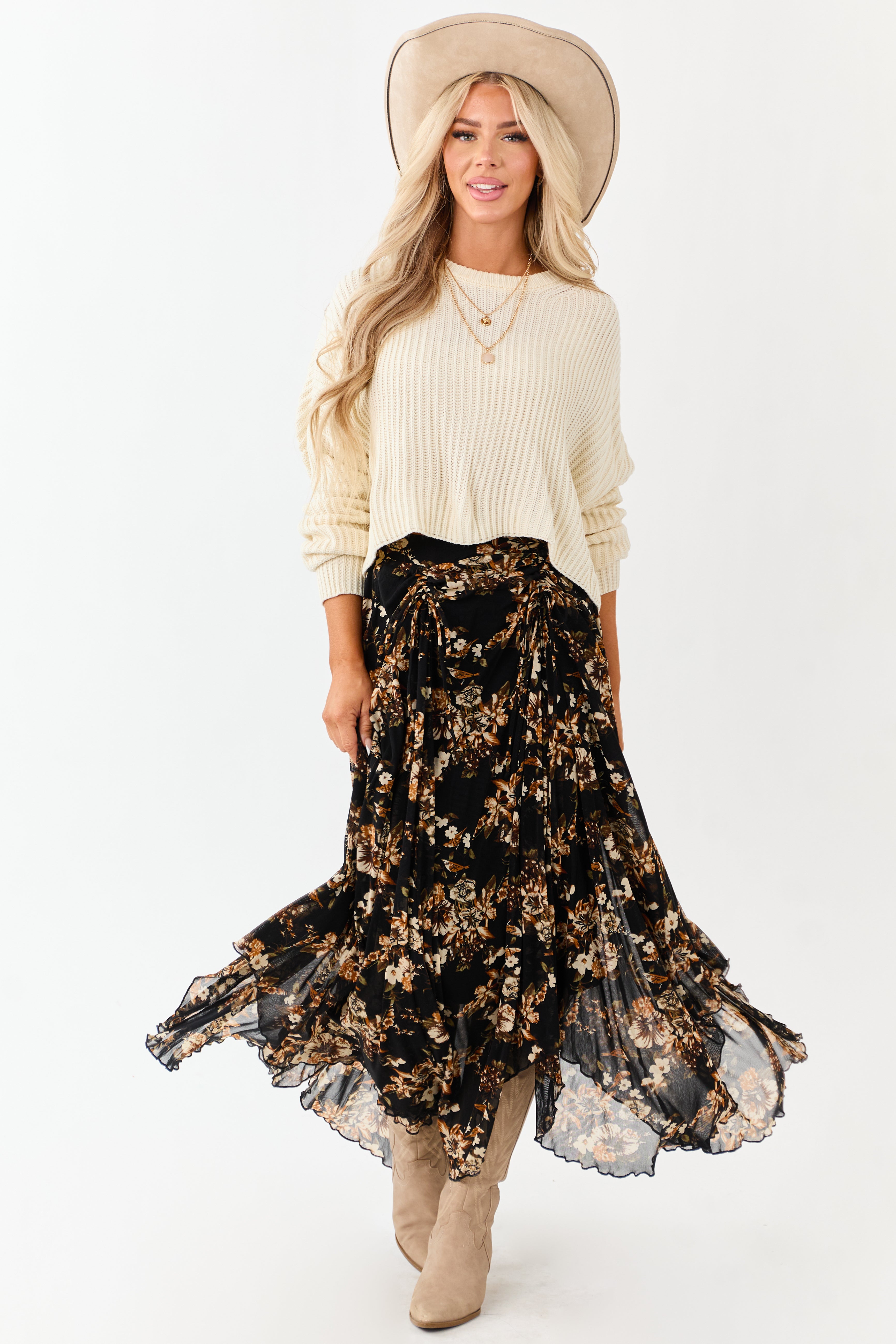 Black Floral Print Mesh Handkerchief Hem Maxi Skirt