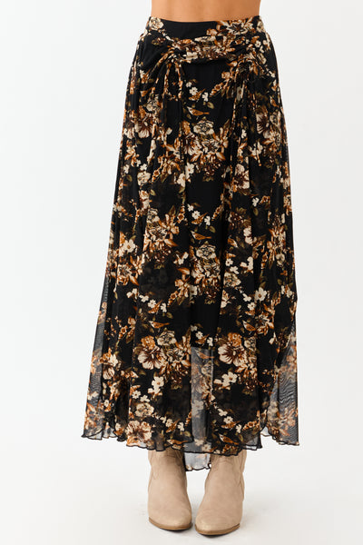 Black Floral Print Mesh Handkerchief Hem Maxi Skirt