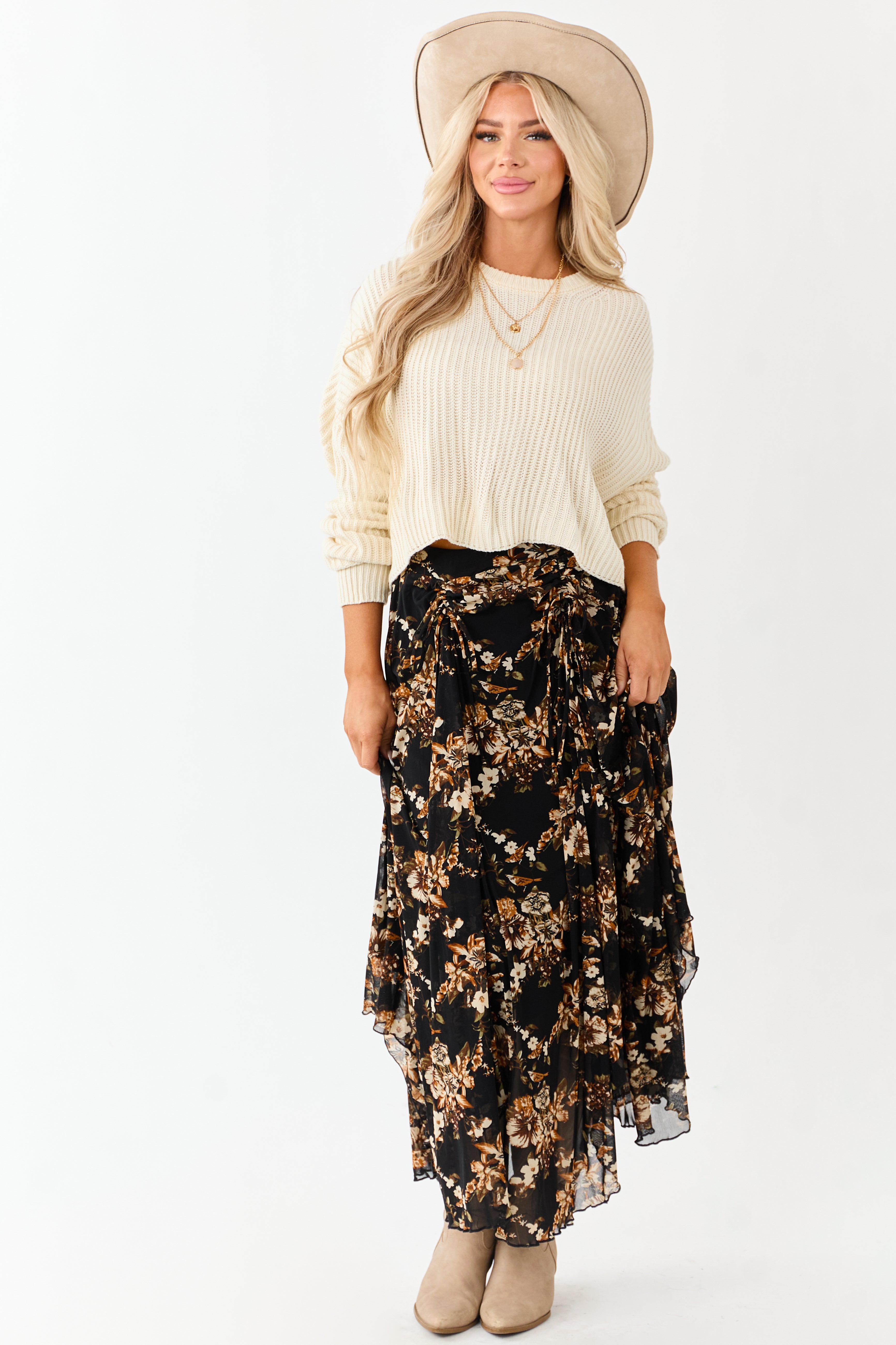 Black Floral Print Mesh Handkerchief Hem Maxi Skirt