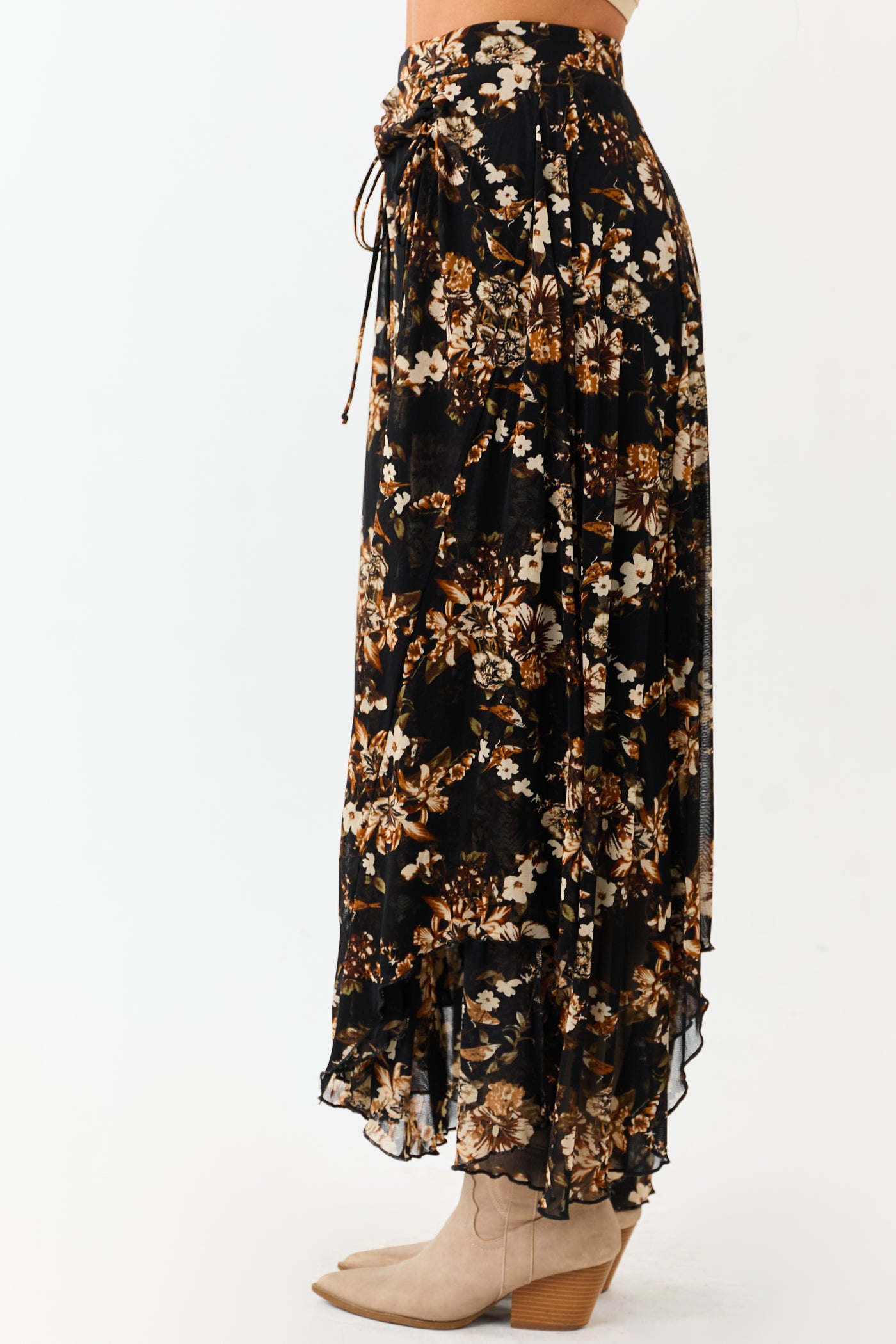 Black Floral Print Mesh Handkerchief Hem Maxi Skirt