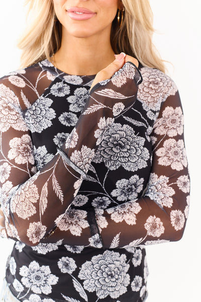 Black Floral Print Mock Neck Long Sleeve Mesh Top
